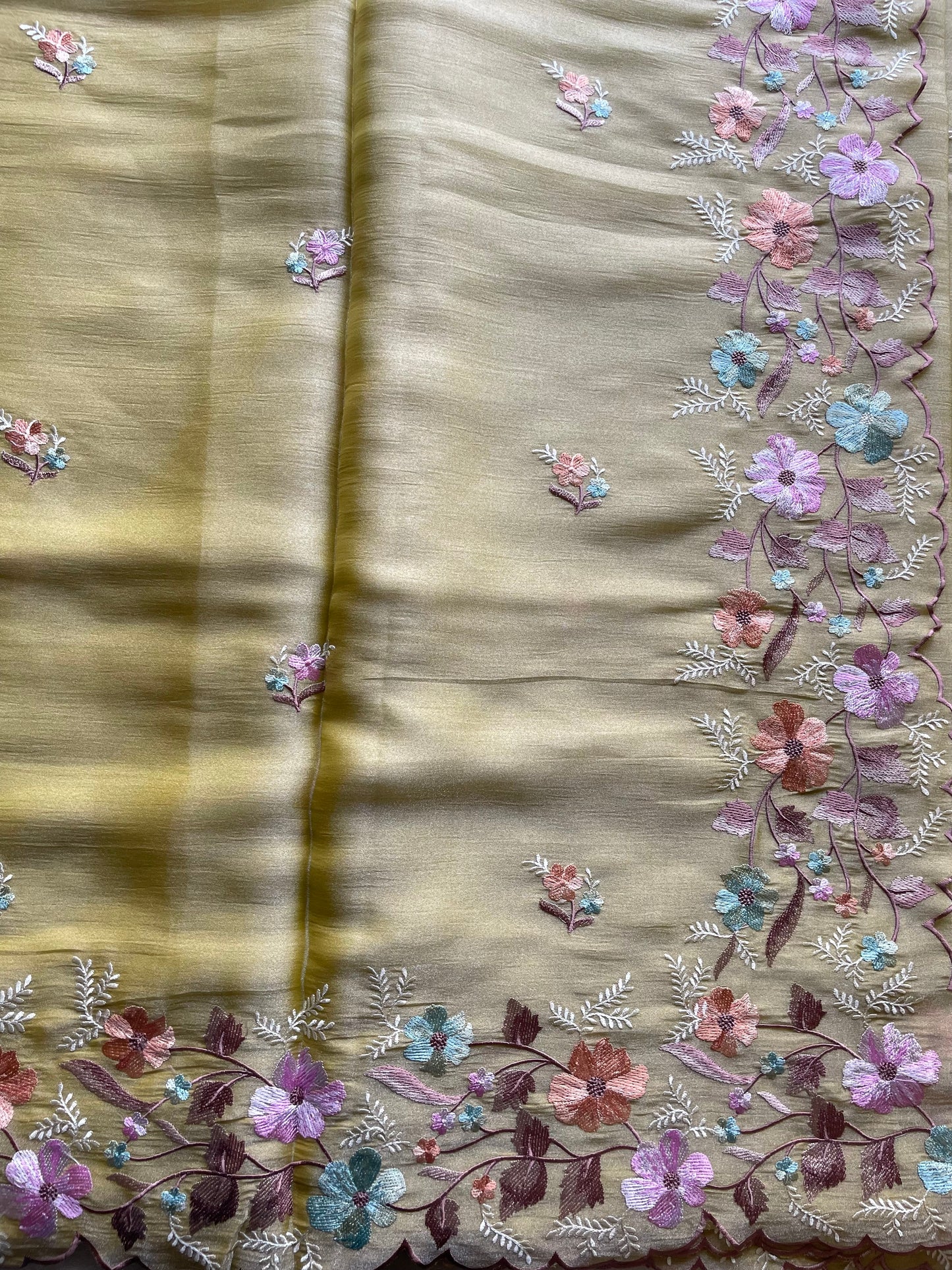 Yellow Floral Embroidered Soft Tissue Saree