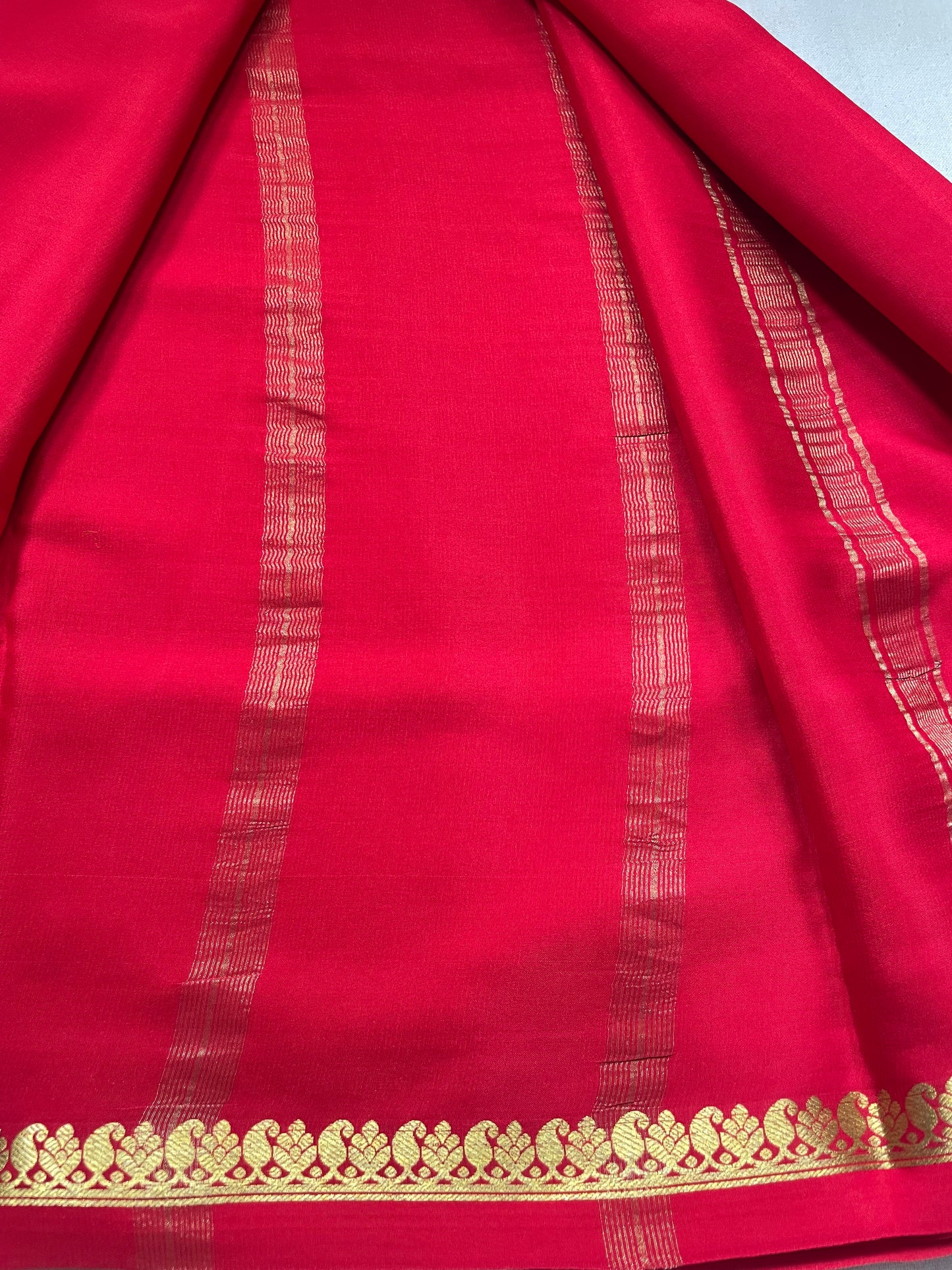 Red Small Mango Border Pure Mysore Crepe Silk Saree