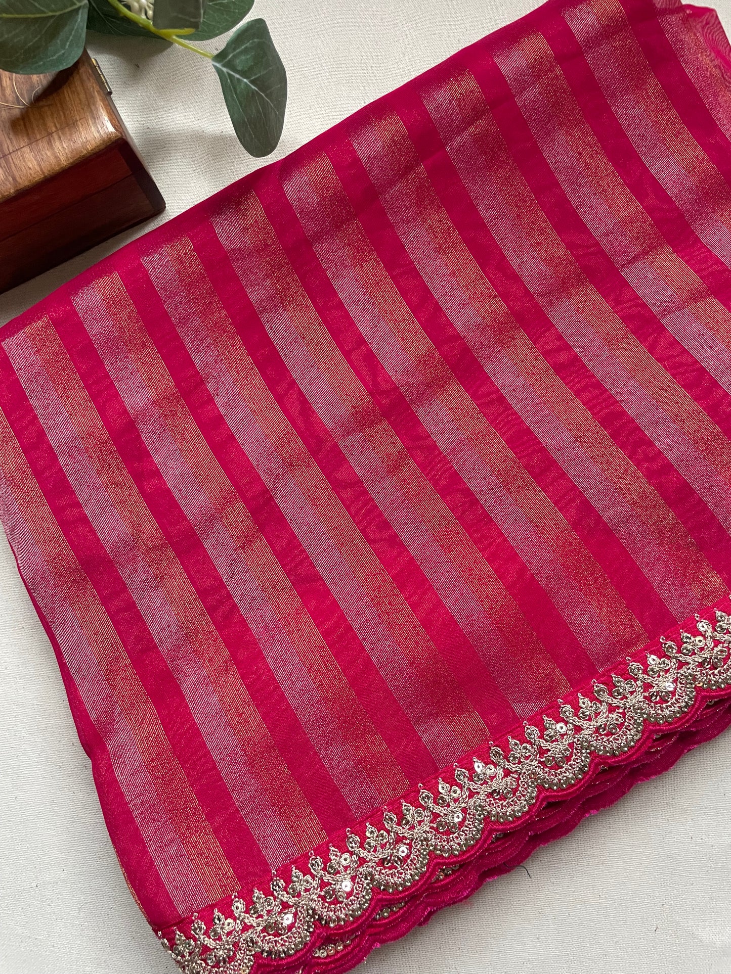 Pink Stripe Lace border Tissue Saree