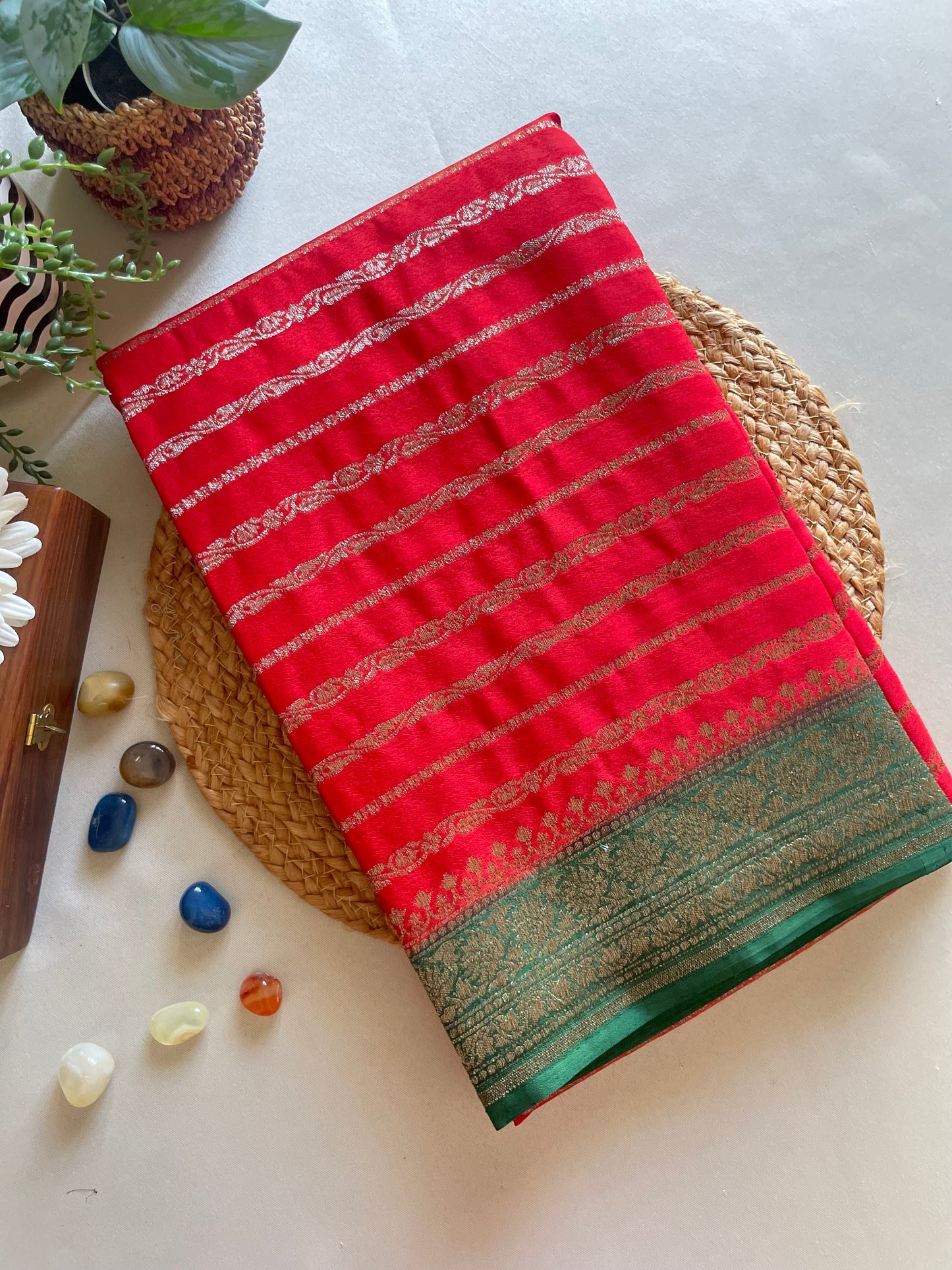 Red n Green Stripes Banarasi Pure Crepe Georgette Saree