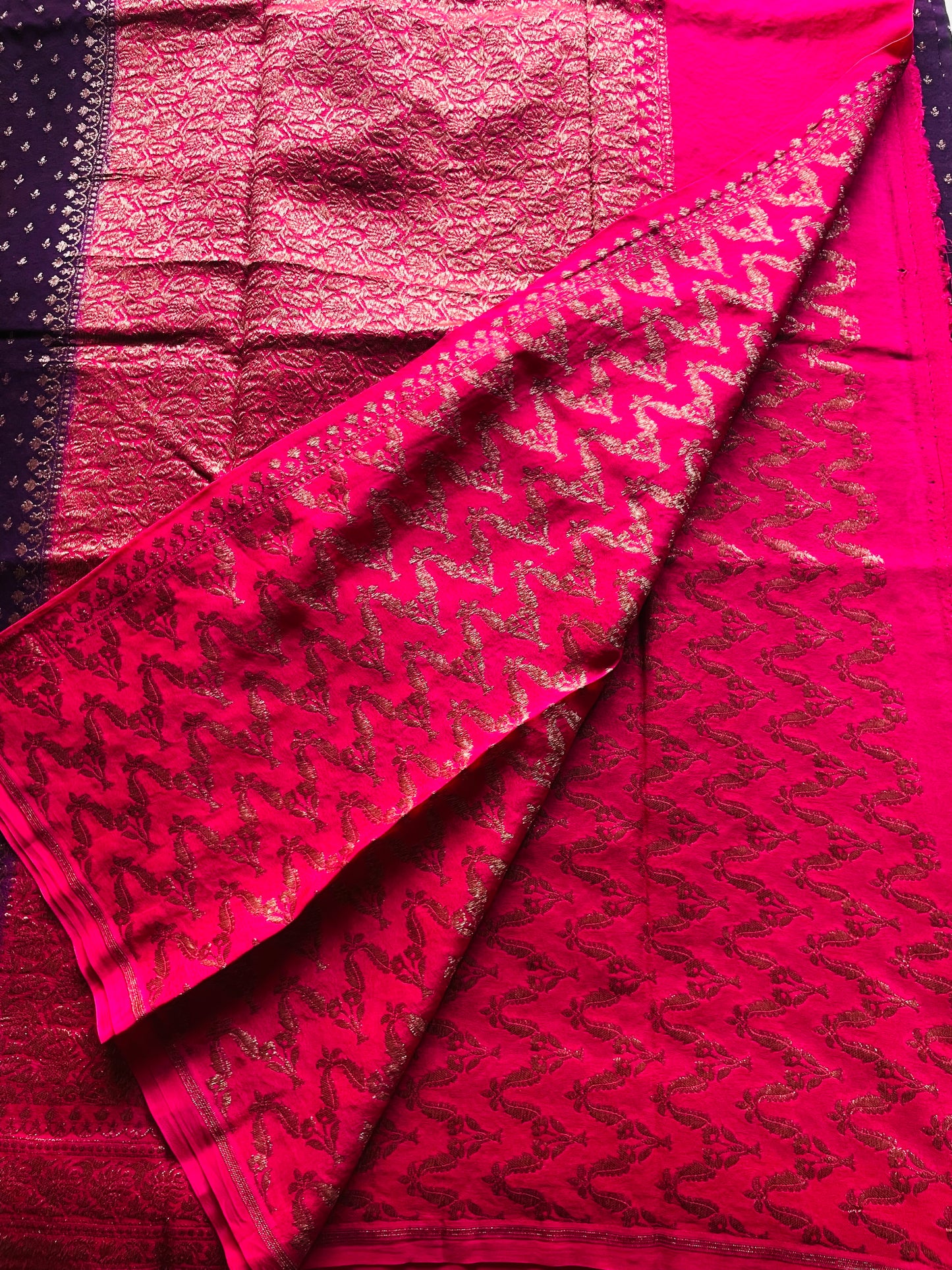 Purple n Pink Banarasi Pure Crepe Georgette Saree