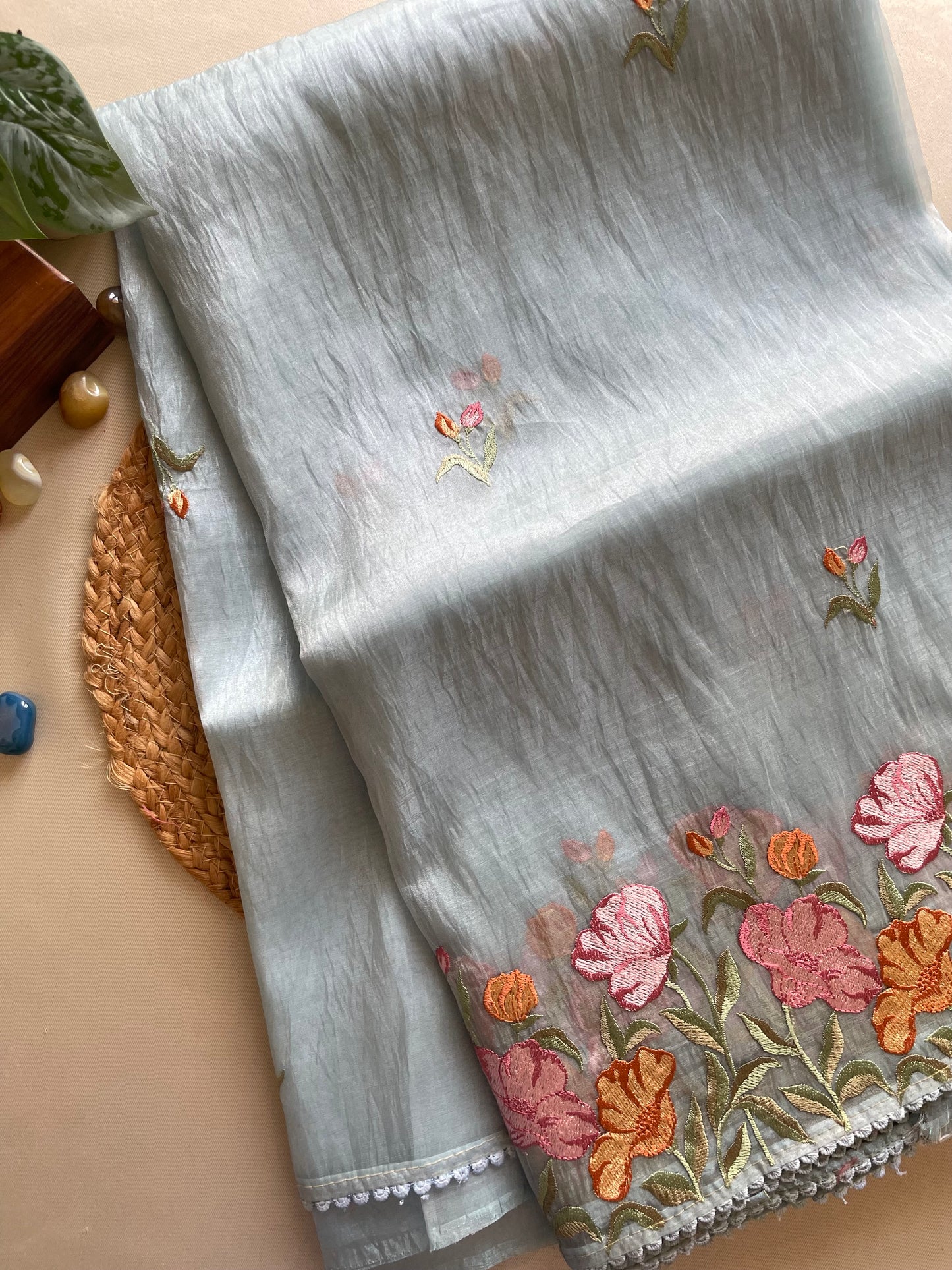 Blue Embroidered Soft Organza Saree