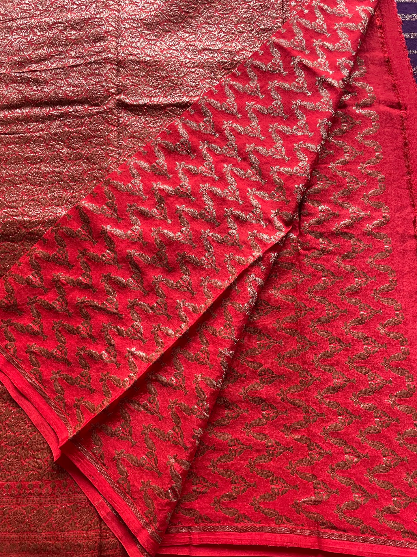 Purple n Red Stripes Banarasi Pure Crepe Georgette Saree