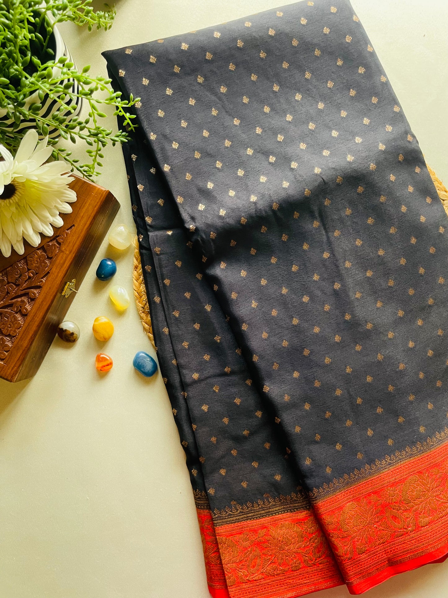Black n Red Banarasi Pure Crepe Georgette Saree