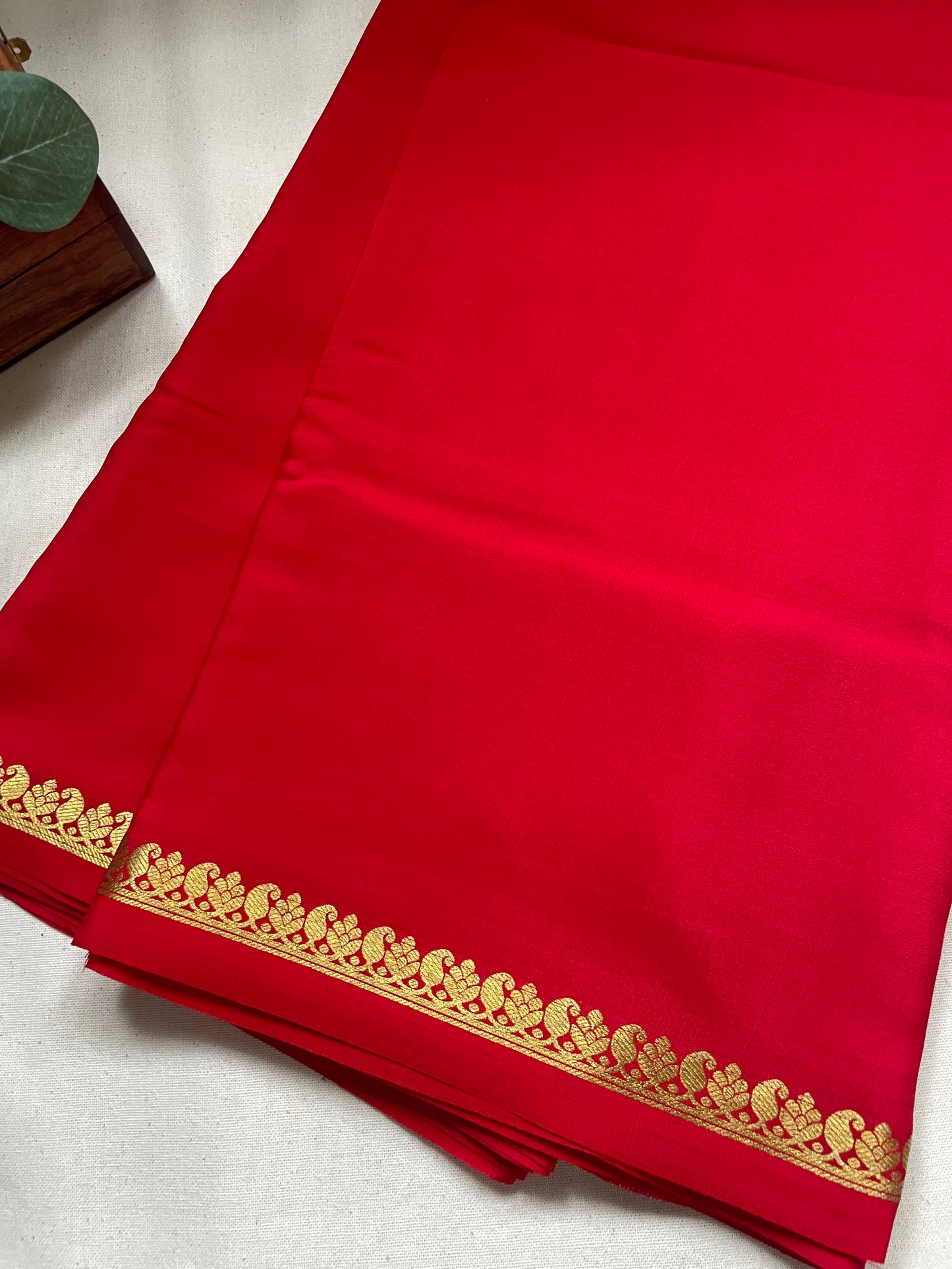 Red Small Mango Border Pure Mysore Crepe Silk Saree