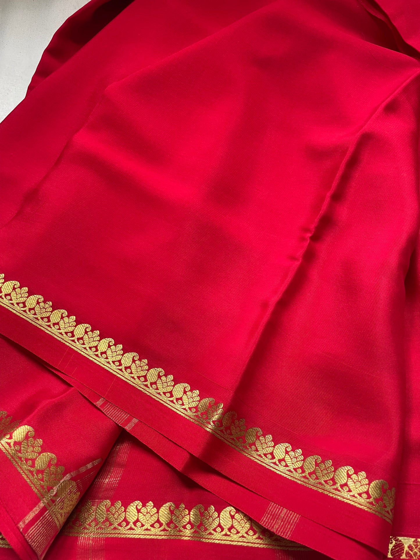 Red Small Mango Border Pure Mysore Crepe Silk Saree