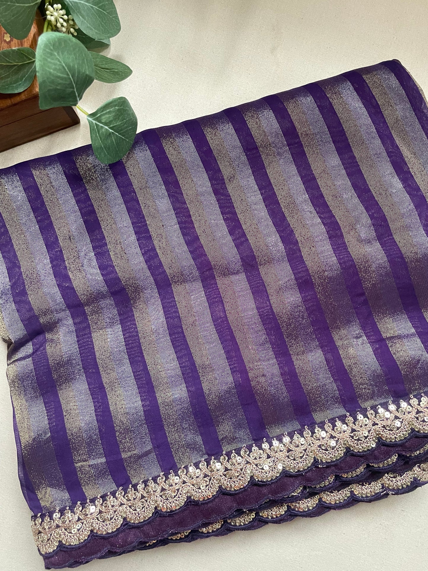Purple Stripe Lace border Tissue Saree