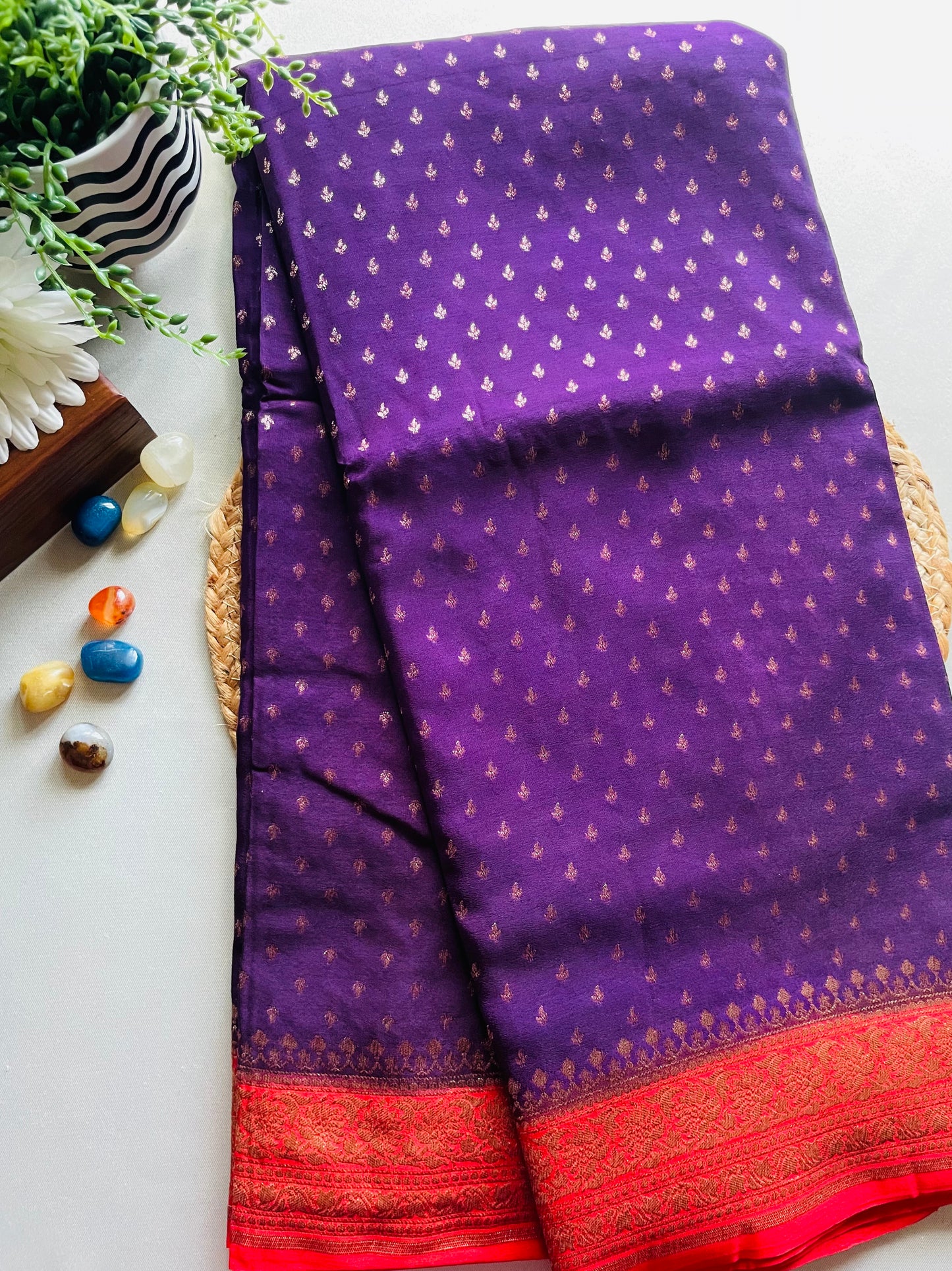 Purple n Red 02 Banarasi Pure Crepe Georgette Saree