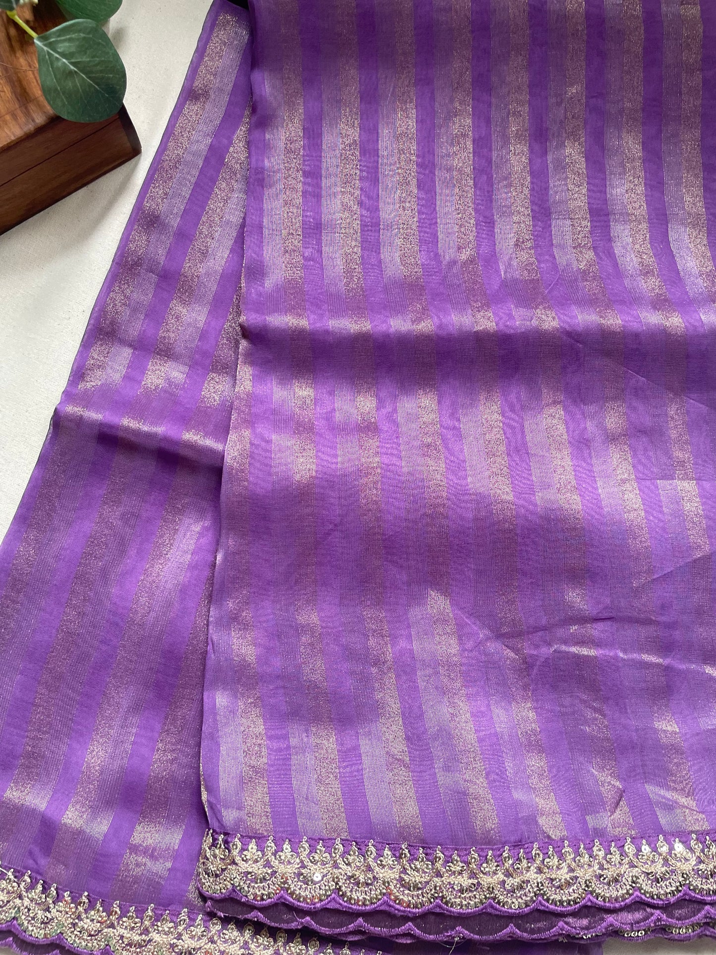 Lavender Stripe Lace border Tissue Saree