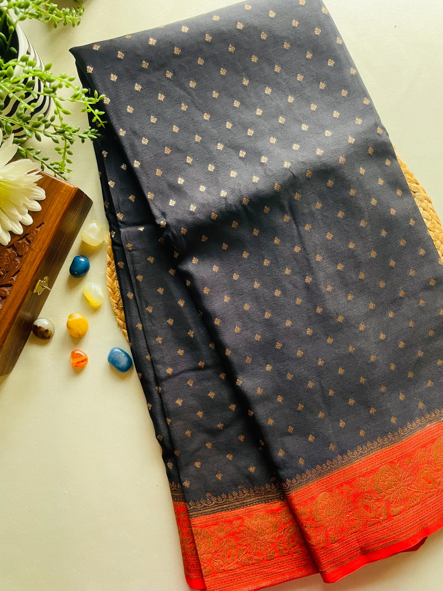 Black n Red Banarasi Pure Crepe Georgette Saree