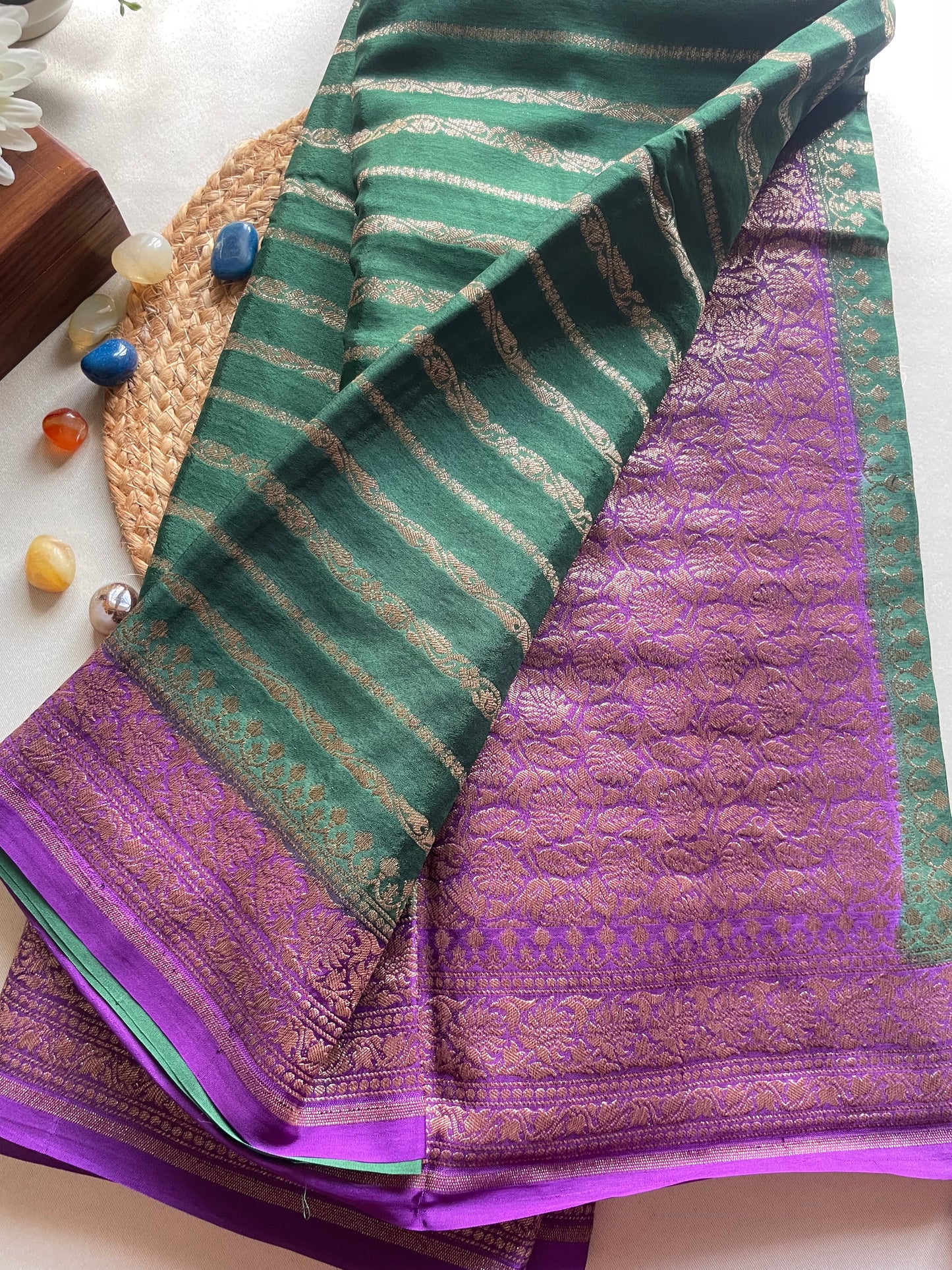 Green n Purple Stripes Banarasi Pure Crepe Georgette Saree