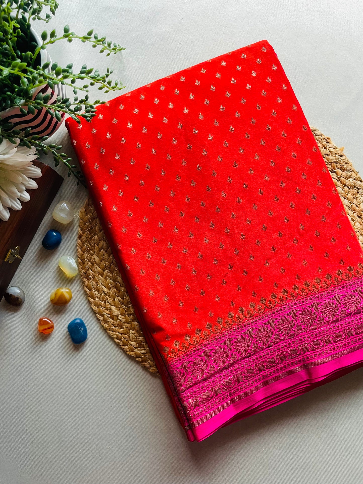 Orange n Pink Banarasi Pure Crepe Georgette Saree
