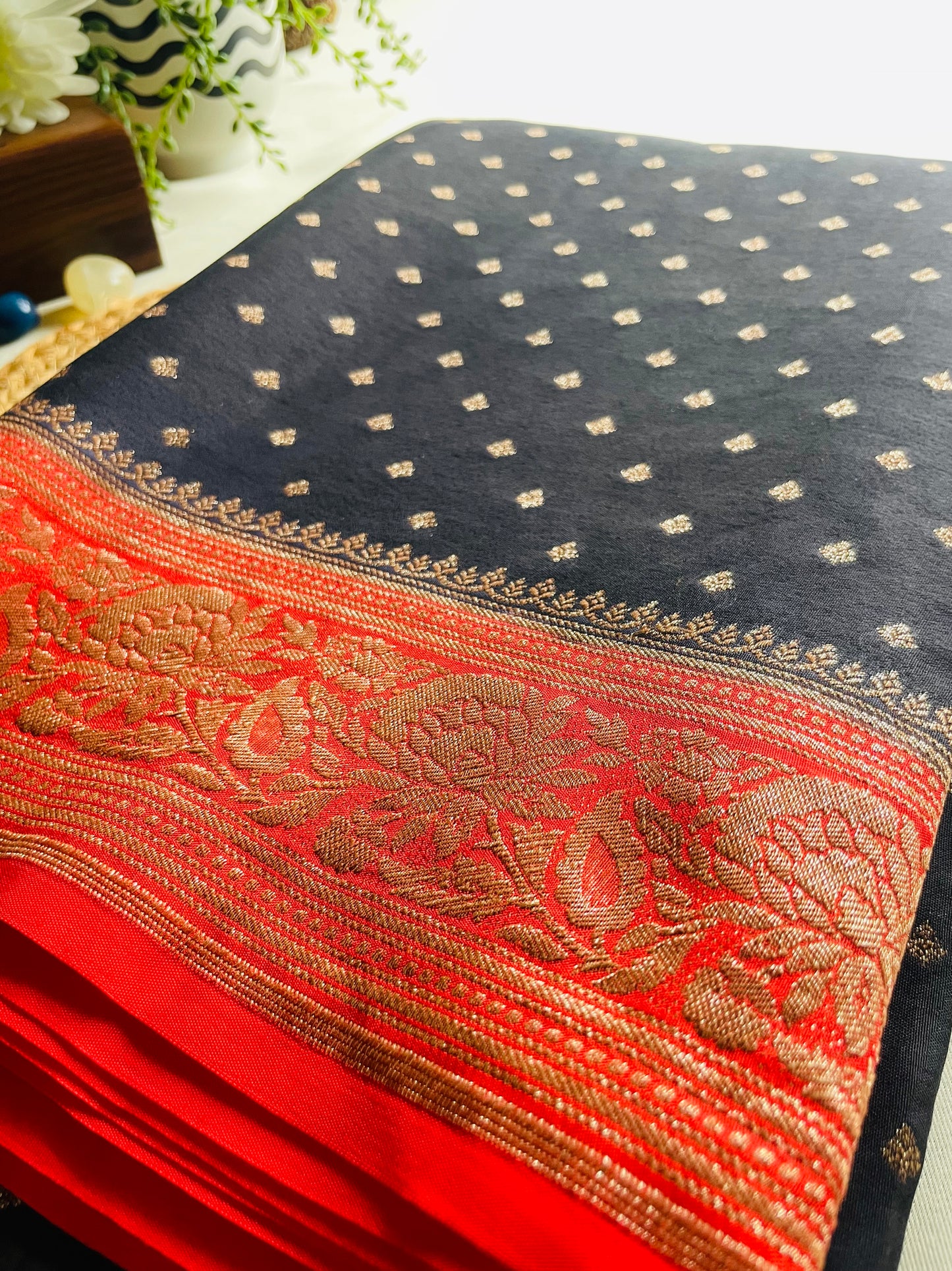 Black n Red Banarasi Pure Crepe Georgette Saree