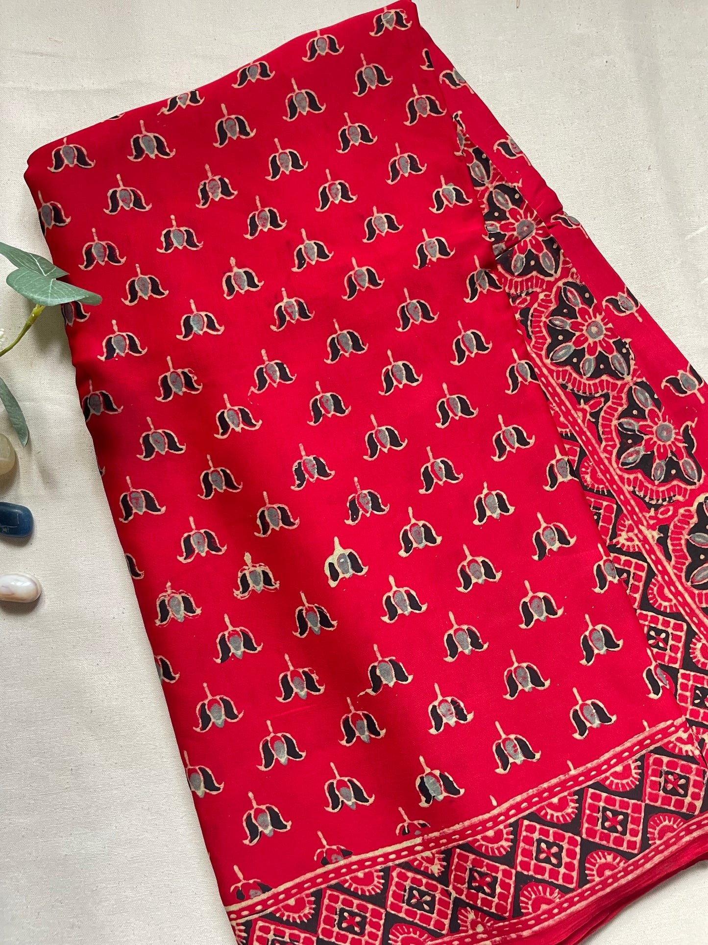 Red Ajrakh Lotus Modal Silk Saree