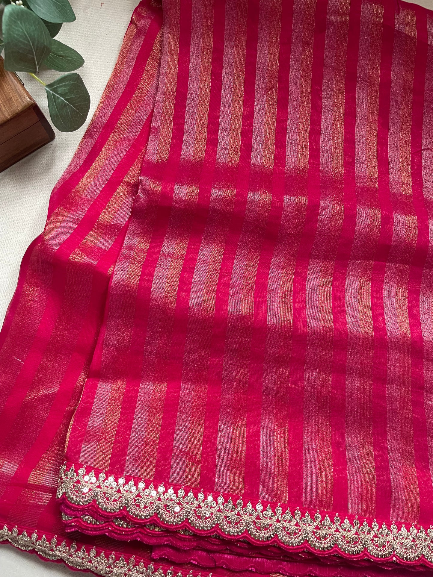 Pink Stripe Lace border Tissue Saree