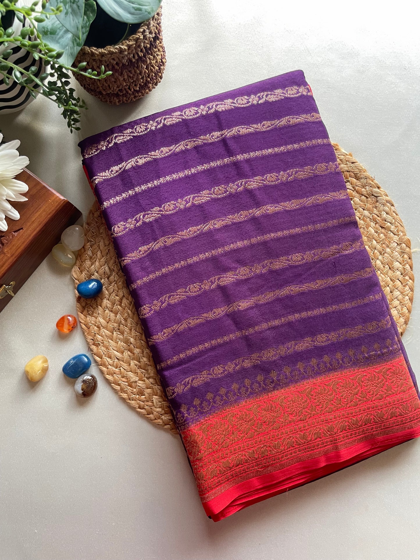 Purple n Red Stripes Banarasi Pure Crepe Georgette Saree
