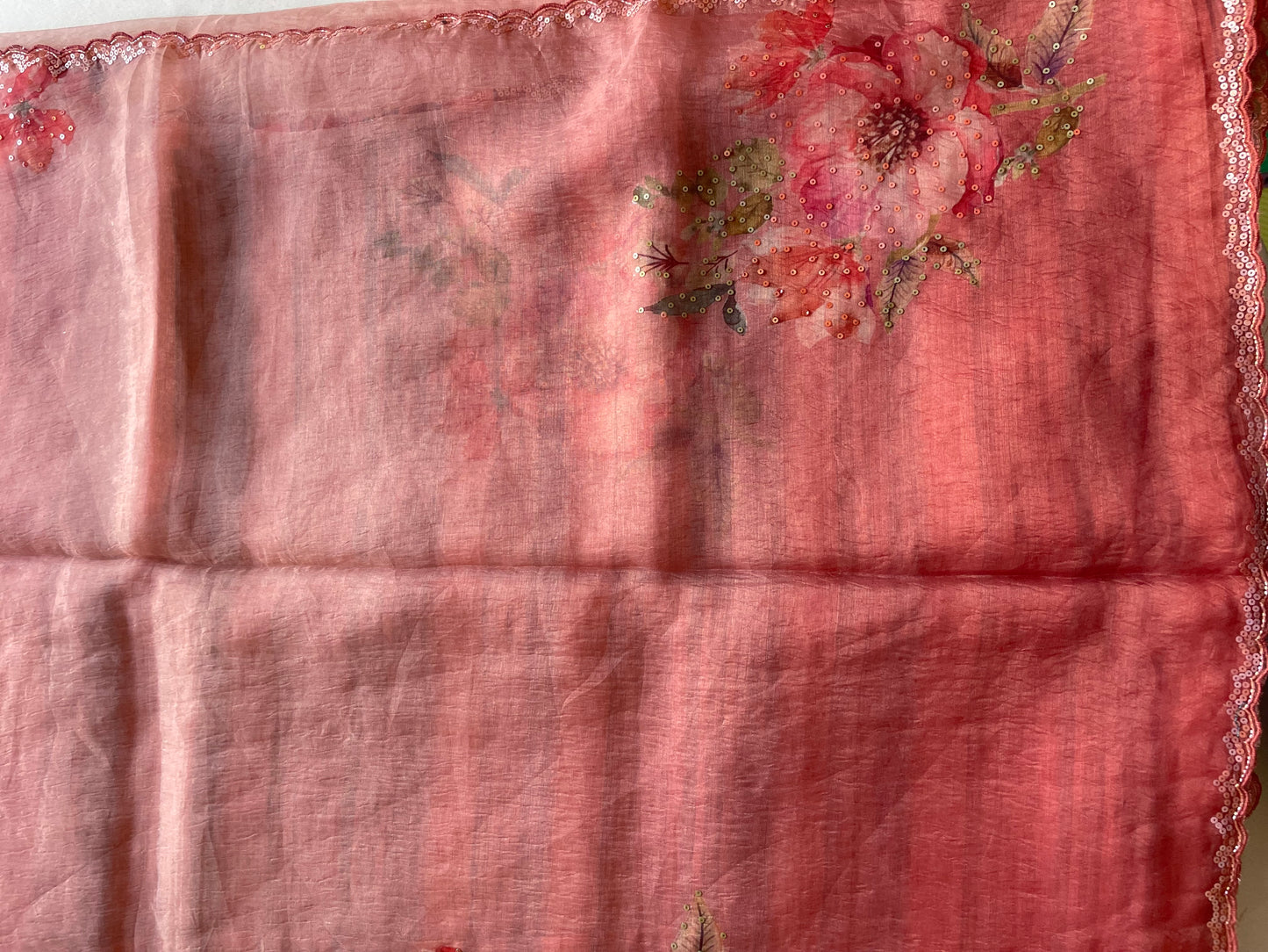 Red Scallop Embroidered Crushed Tissue Saree
