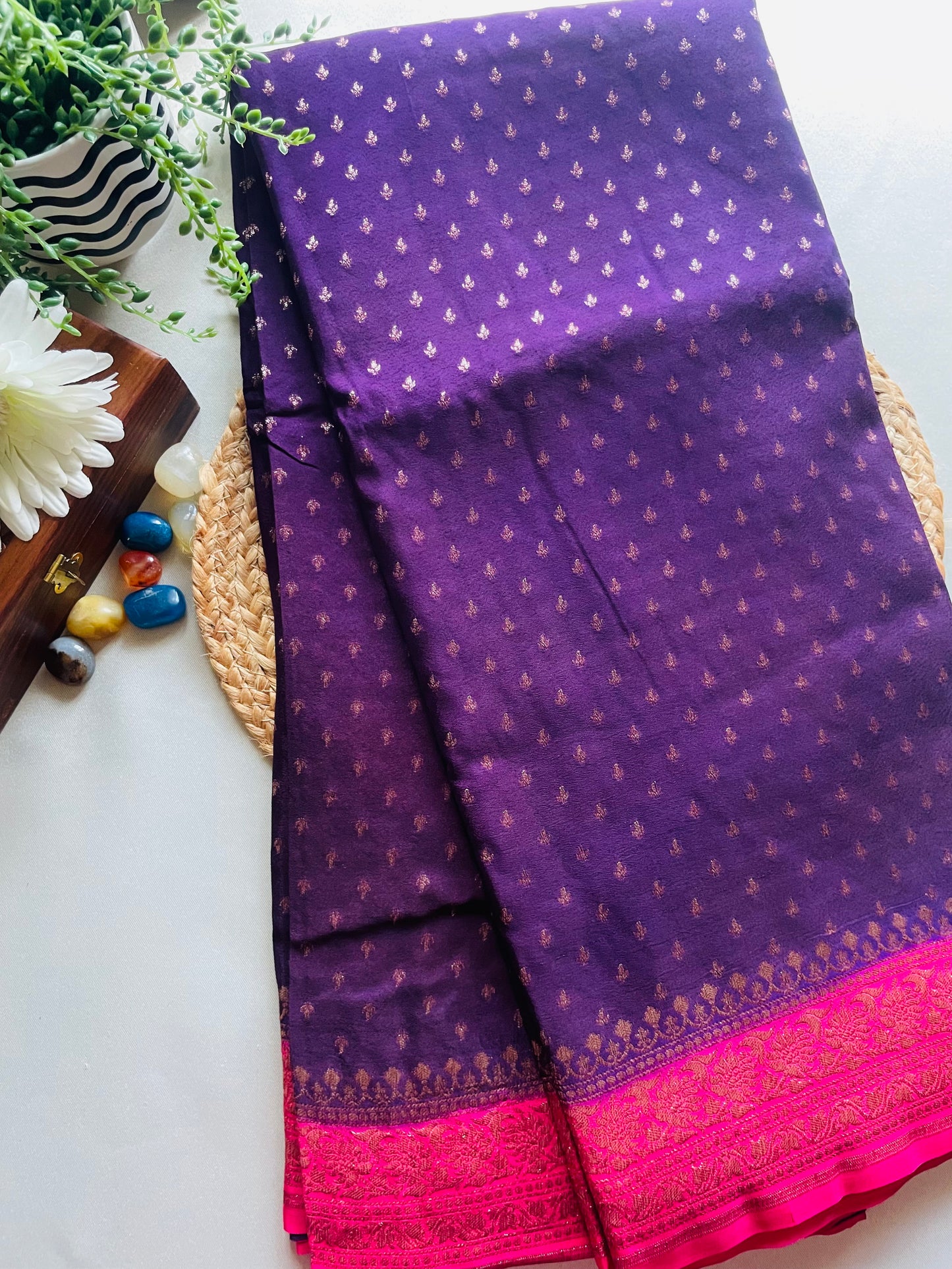 Purple n Pink Banarasi Pure Crepe Georgette Saree