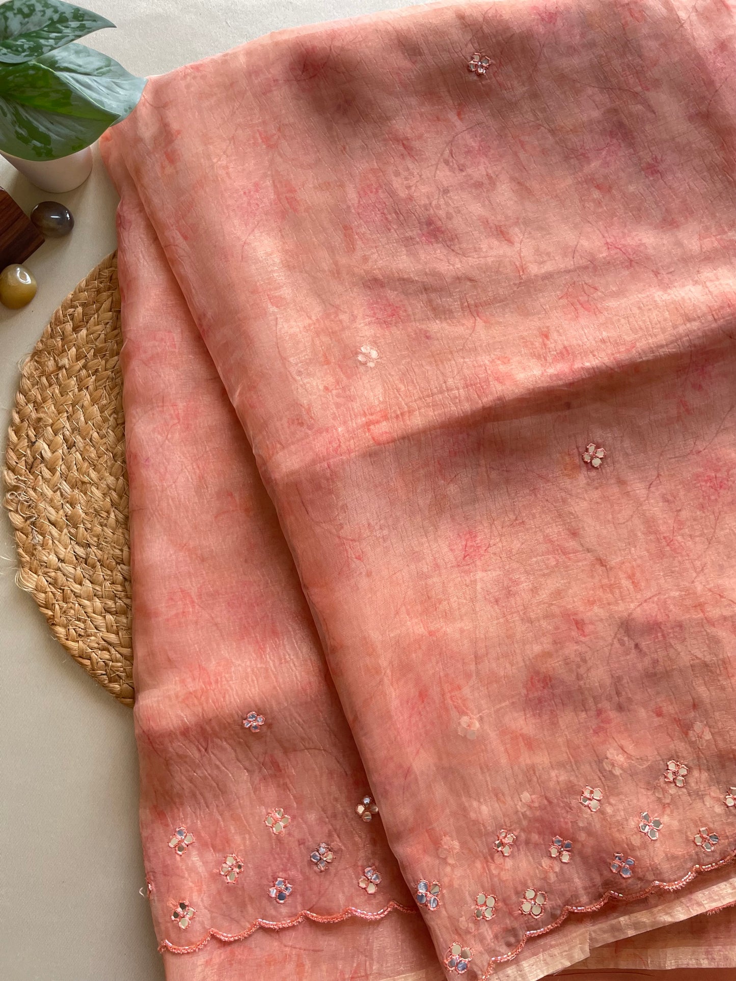 Peach Mirror Embroidered Soft Organza Saree