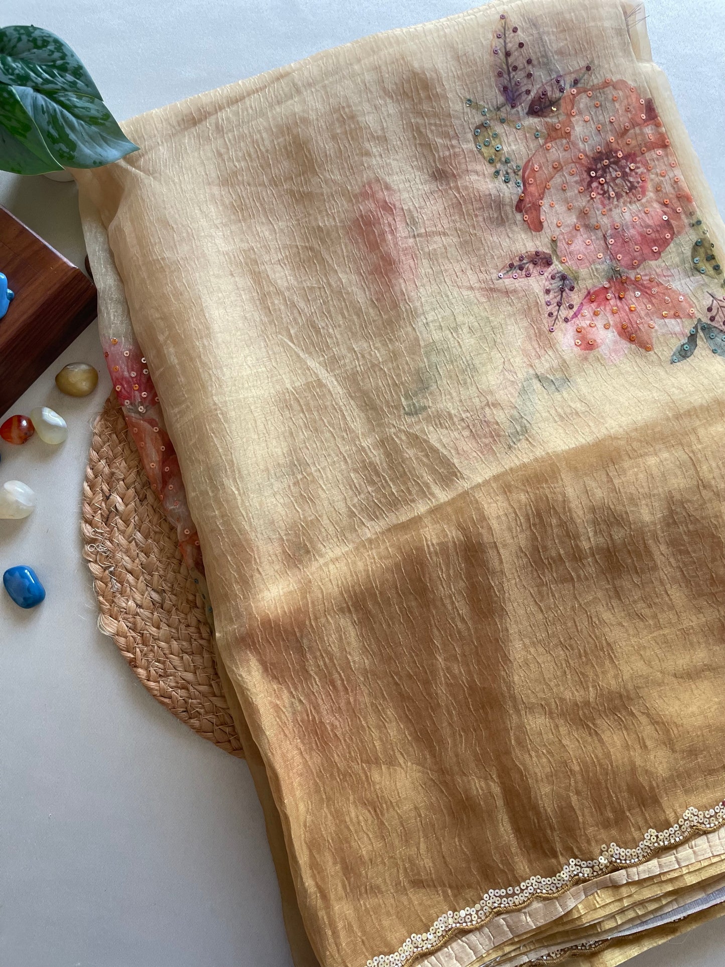 Yellow Scallop Embroidered Crushed Tissue Saree