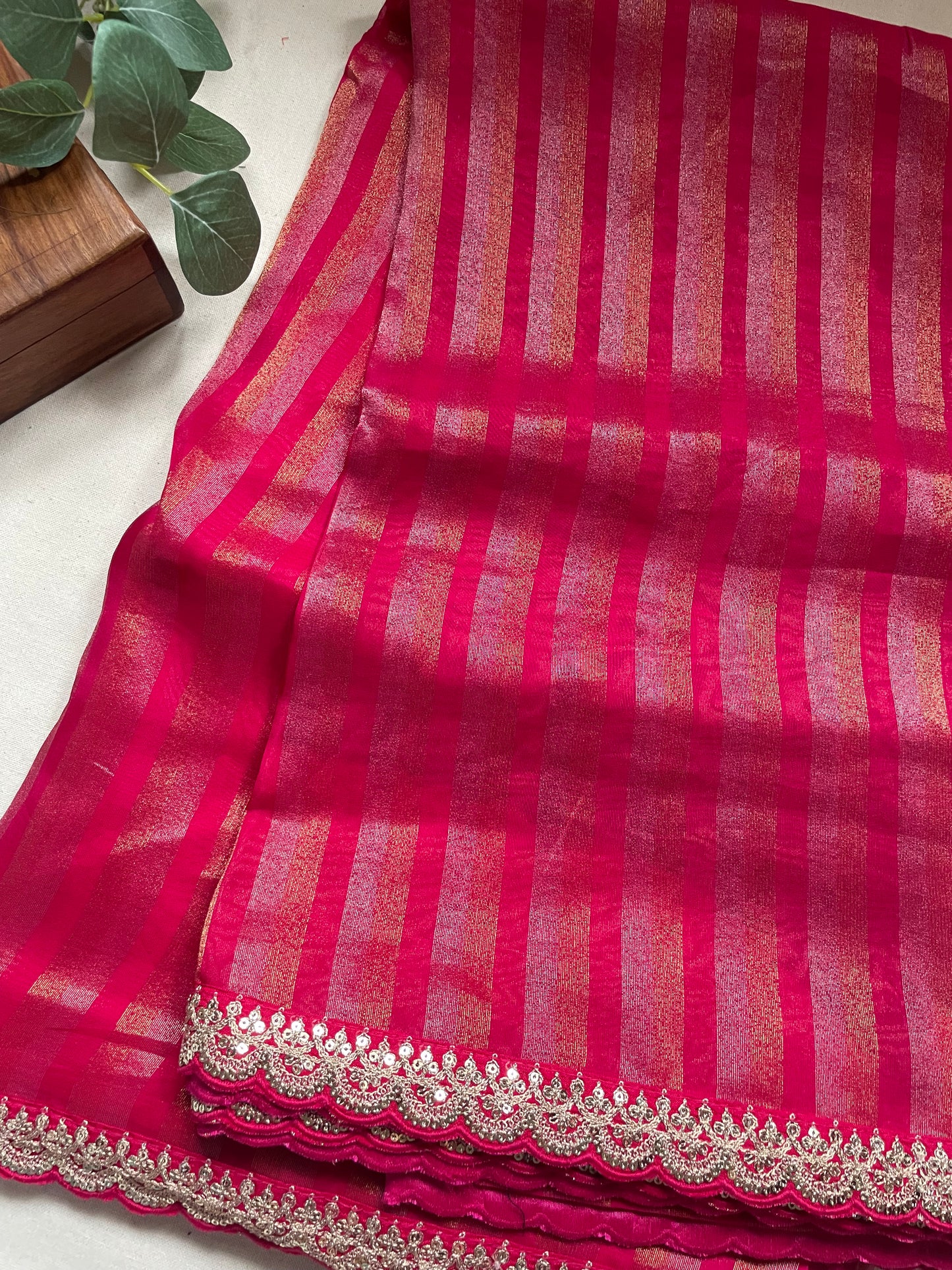 Pink Stripe Lace border Tissue Saree