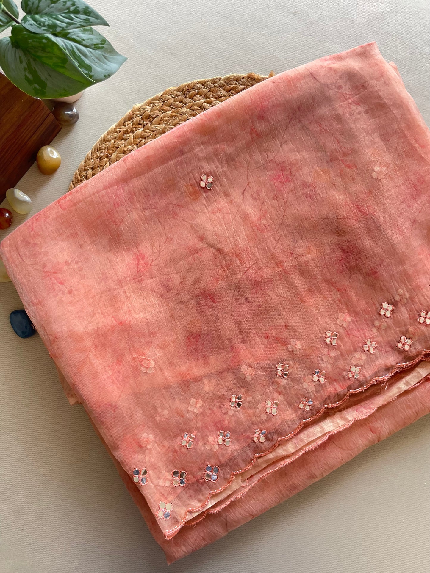 Peach Mirror Embroidered Soft Organza Saree