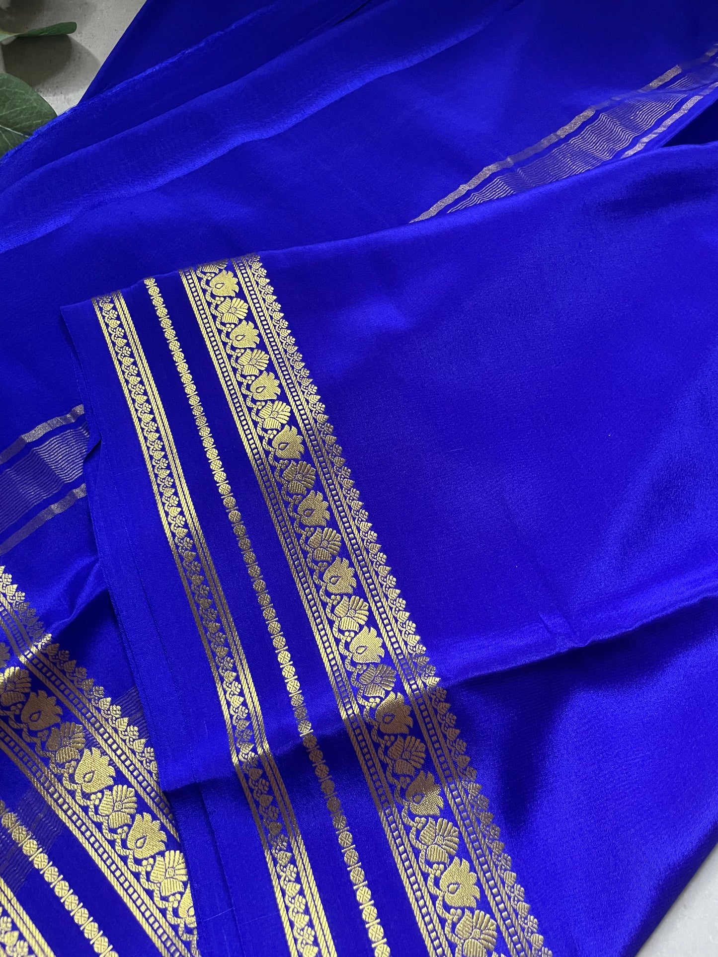 Royal Blue Floral Border Pure Mysore Crepe Silk Saree