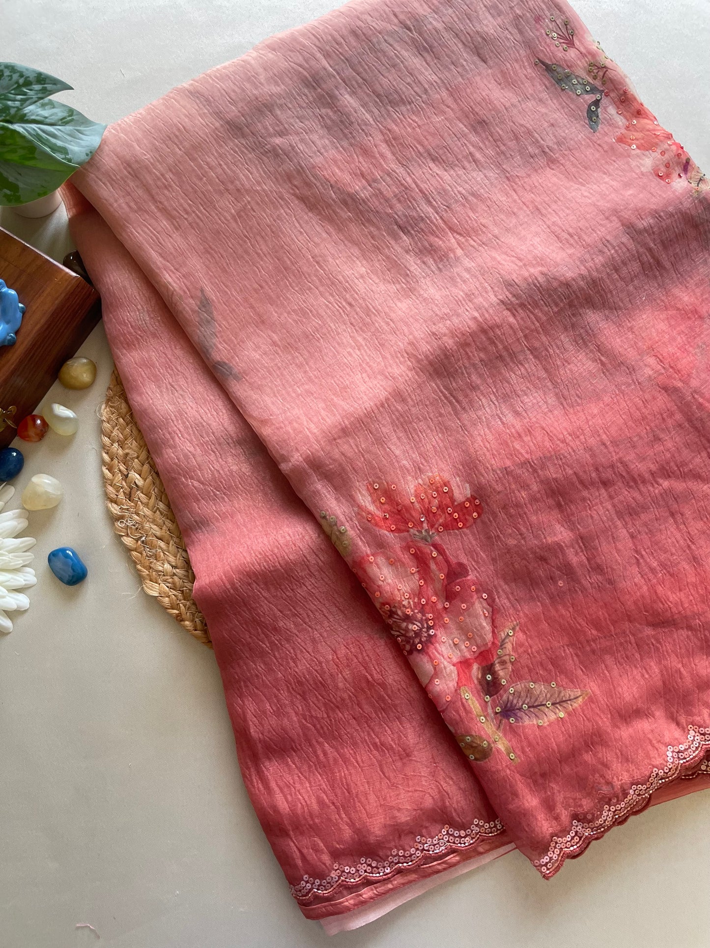 Red Scallop Embroidered Crushed Tissue Saree