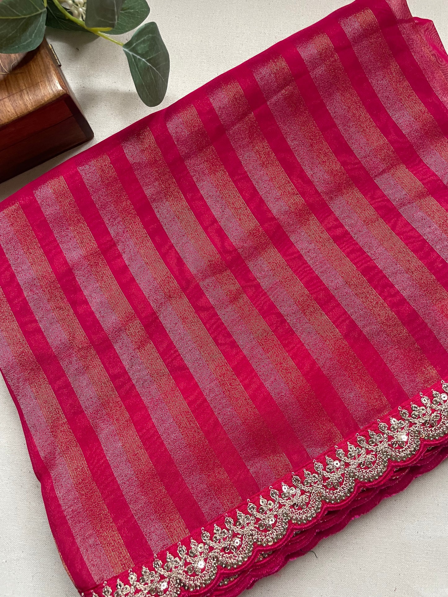 Pink Stripe Lace border Tissue Saree