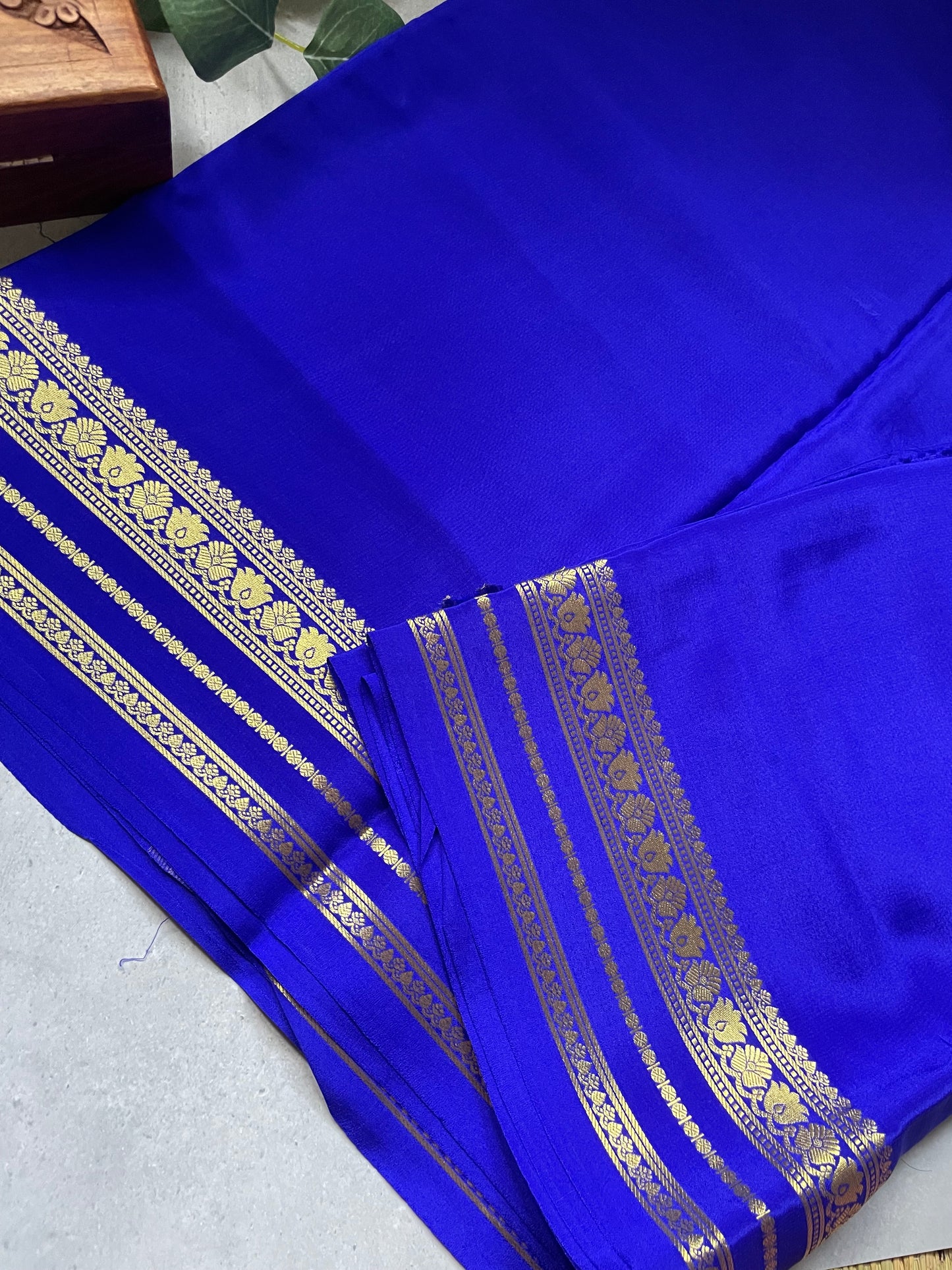 Royal Blue Floral Border Pure Mysore Crepe Silk Saree