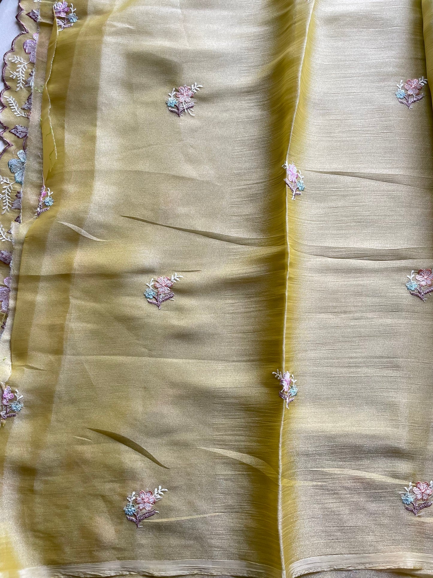 Yellow Floral Embroidered Soft Tissue Saree