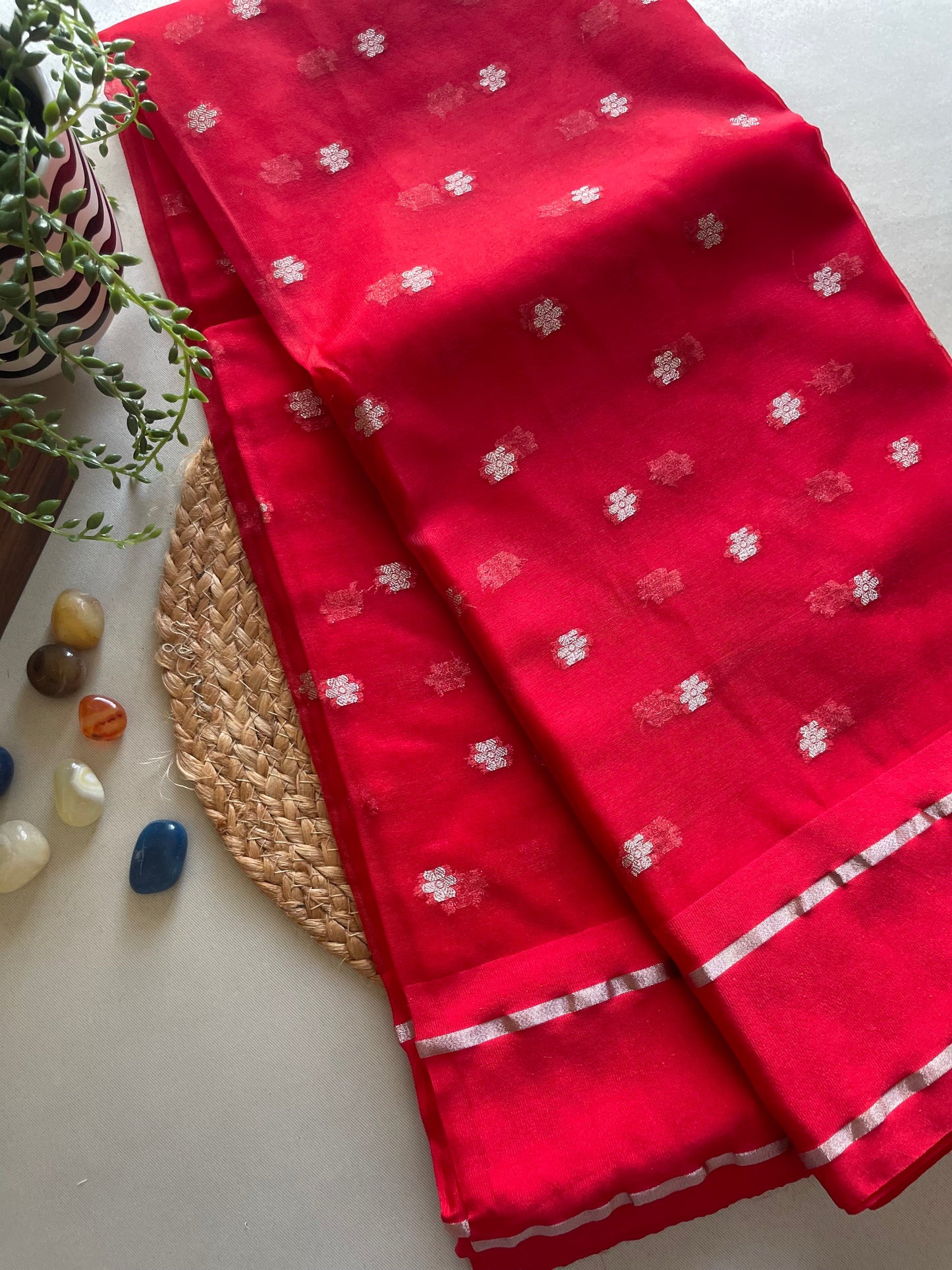 Red Satin Border Semi Organza Saree