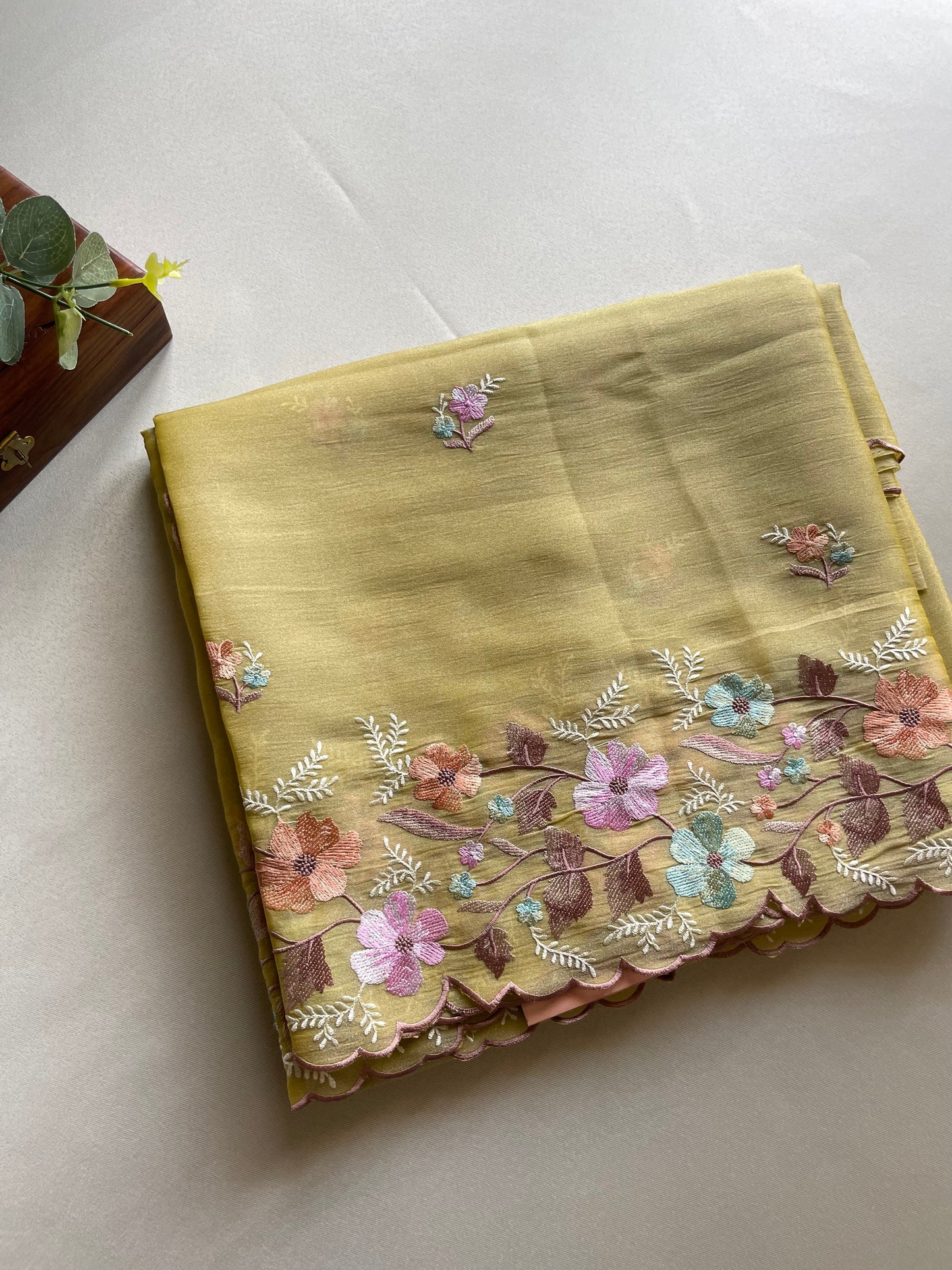 Yellow Floral Embroidered Soft Tissue Saree
