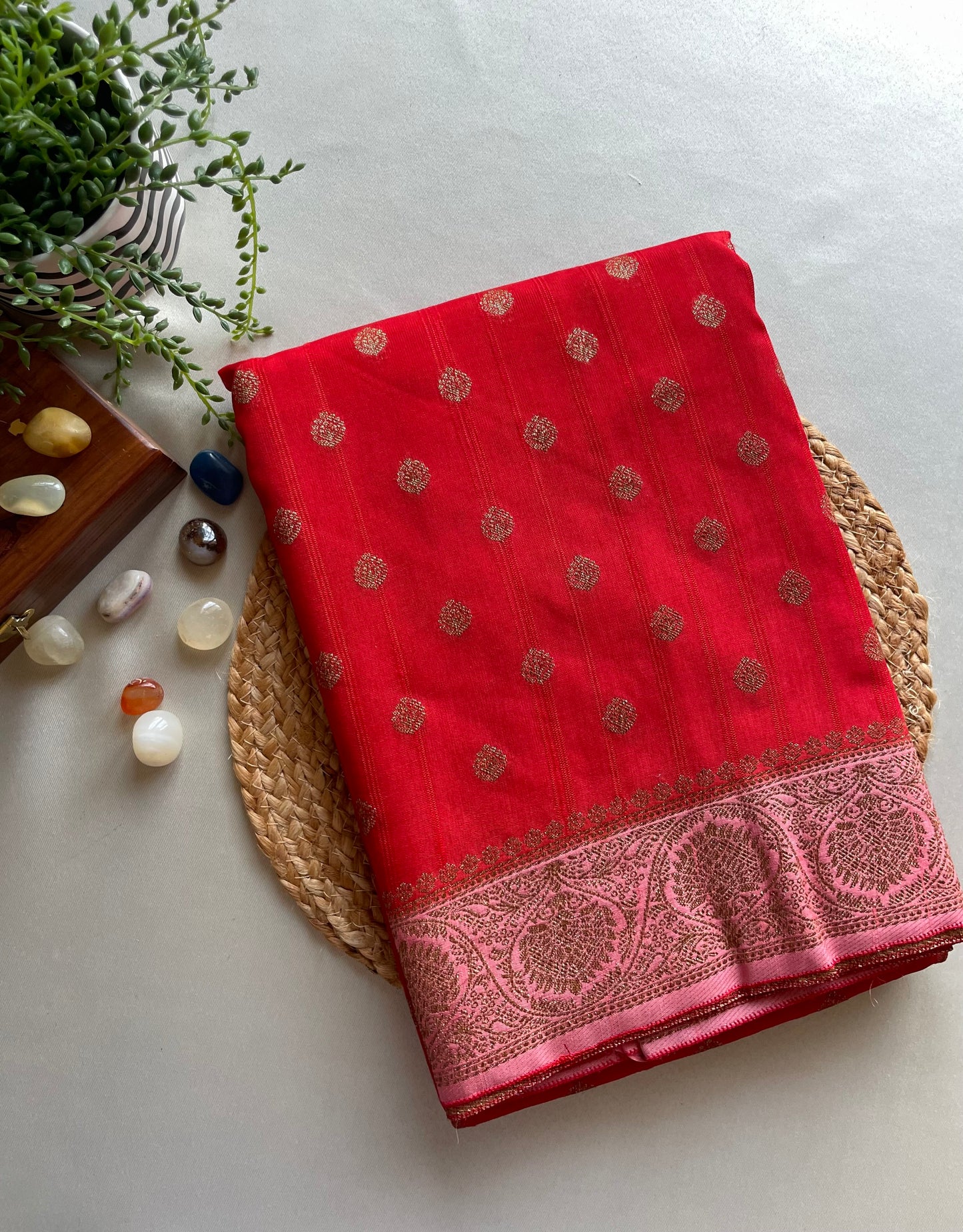 Red n Pink Banarasi Tussar Saree