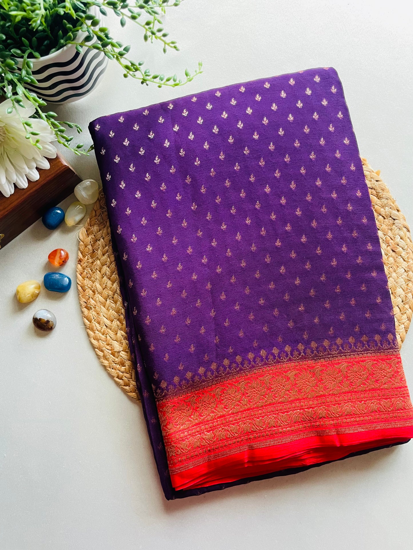 Purple n Red 02 Banarasi Pure Crepe Georgette Saree