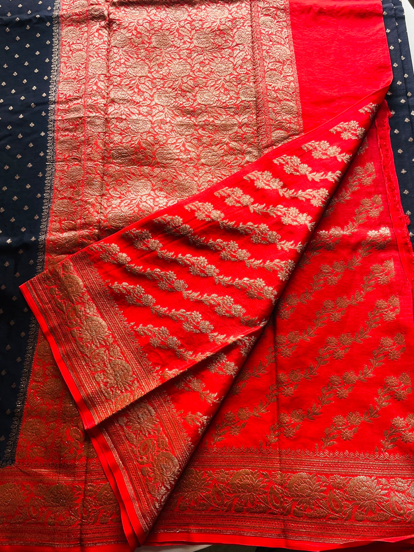 Black n Red Banarasi Pure Crepe Georgette Saree