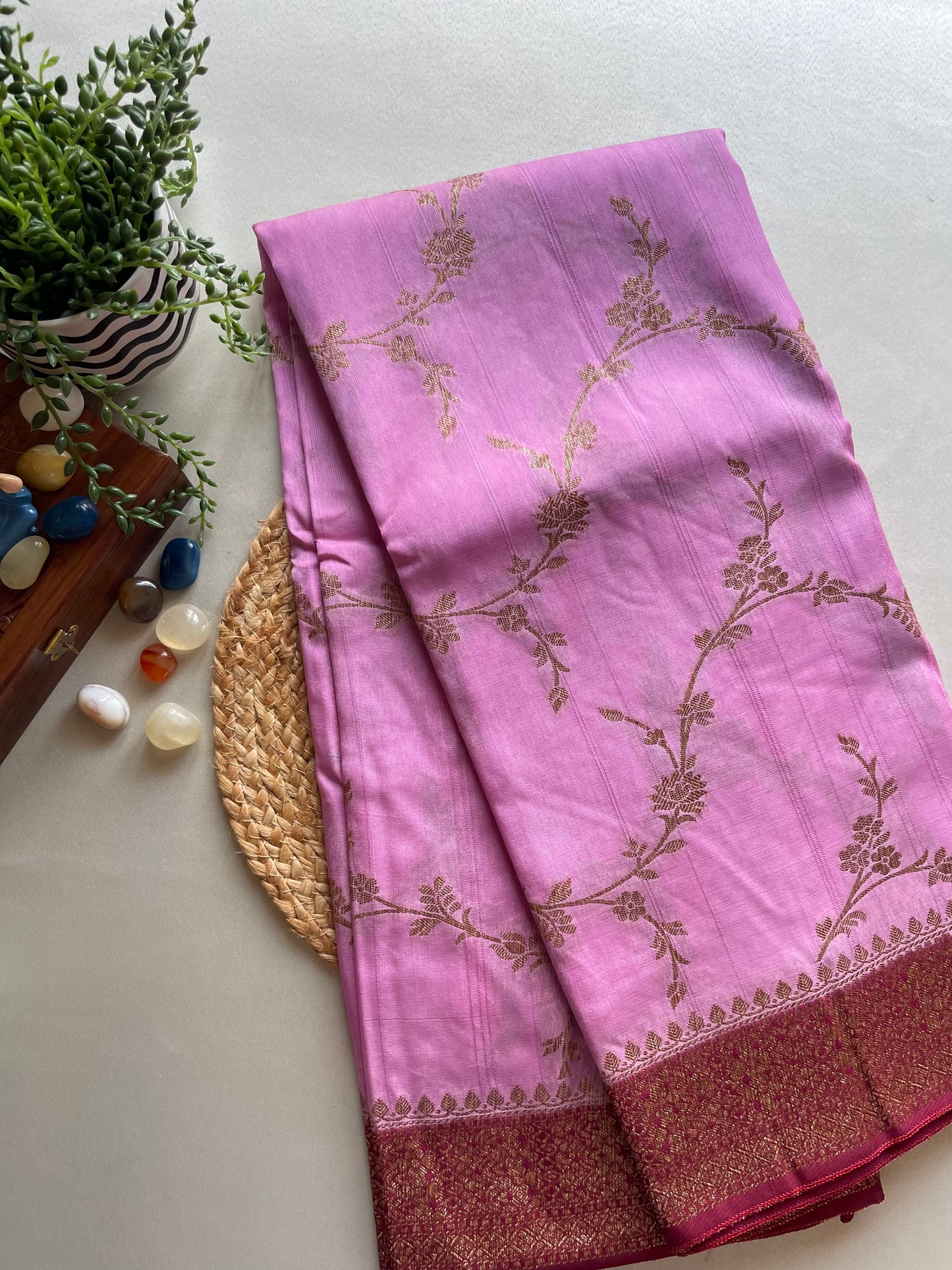 Pink Jaal Banarasi Tussar Silk Saree