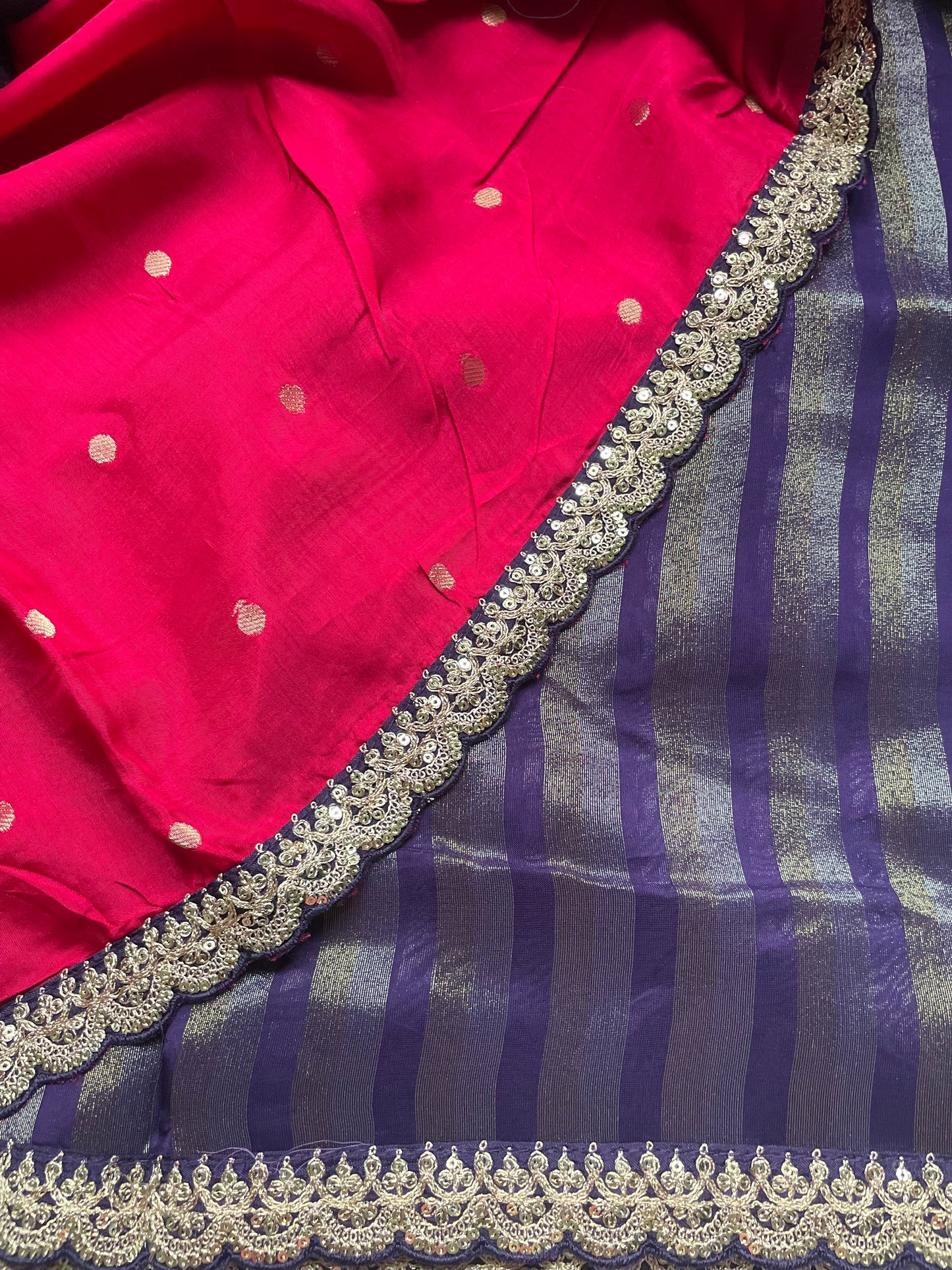 Purple Stripe Lace border Tissue Saree