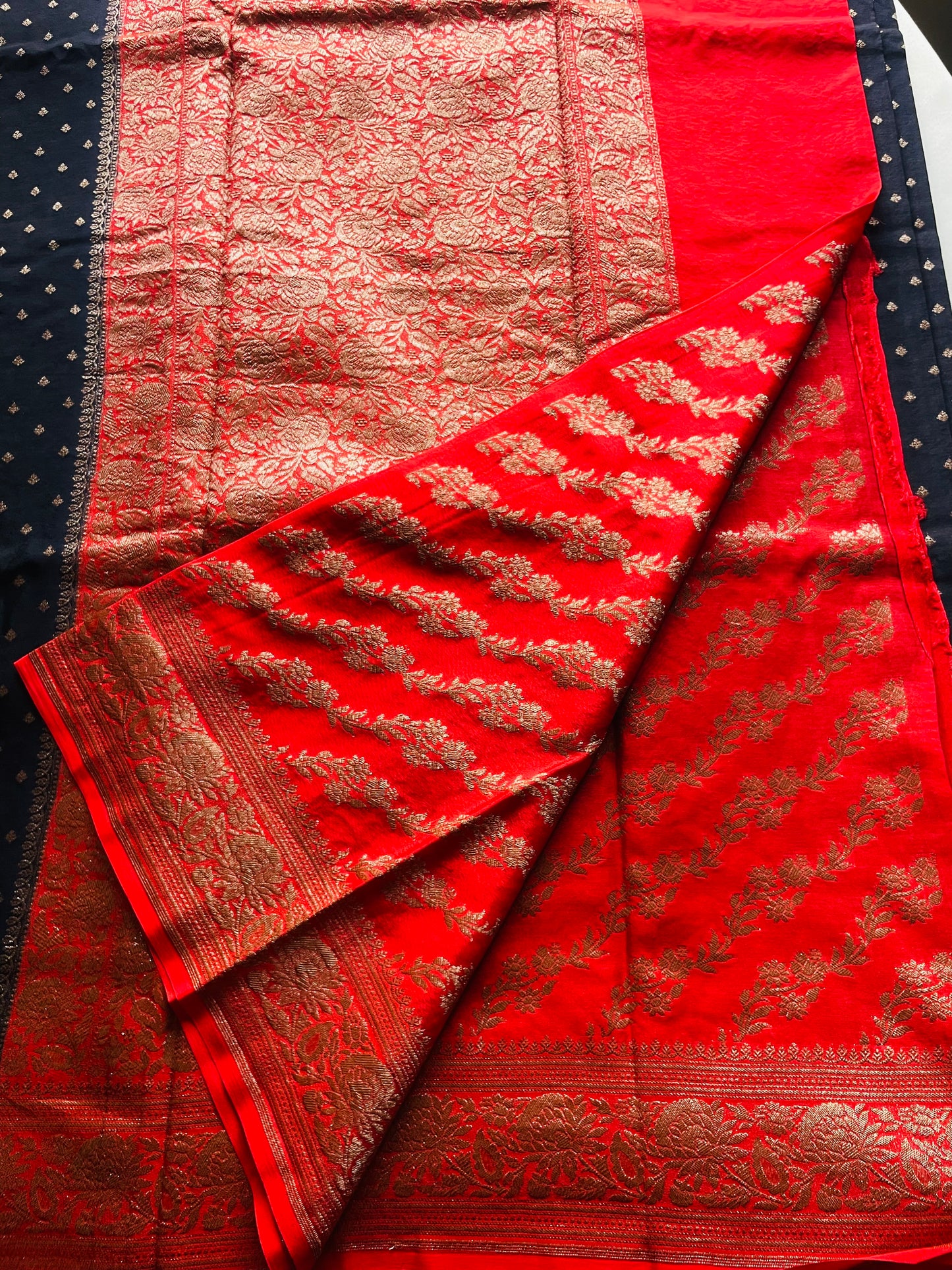 Black n Red Banarasi Pure Crepe Georgette Saree