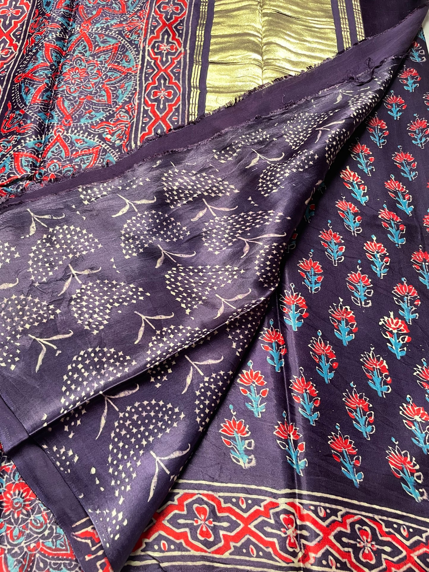 Navy Ajrakh Floral Zari Pallu Modal Silk Saree