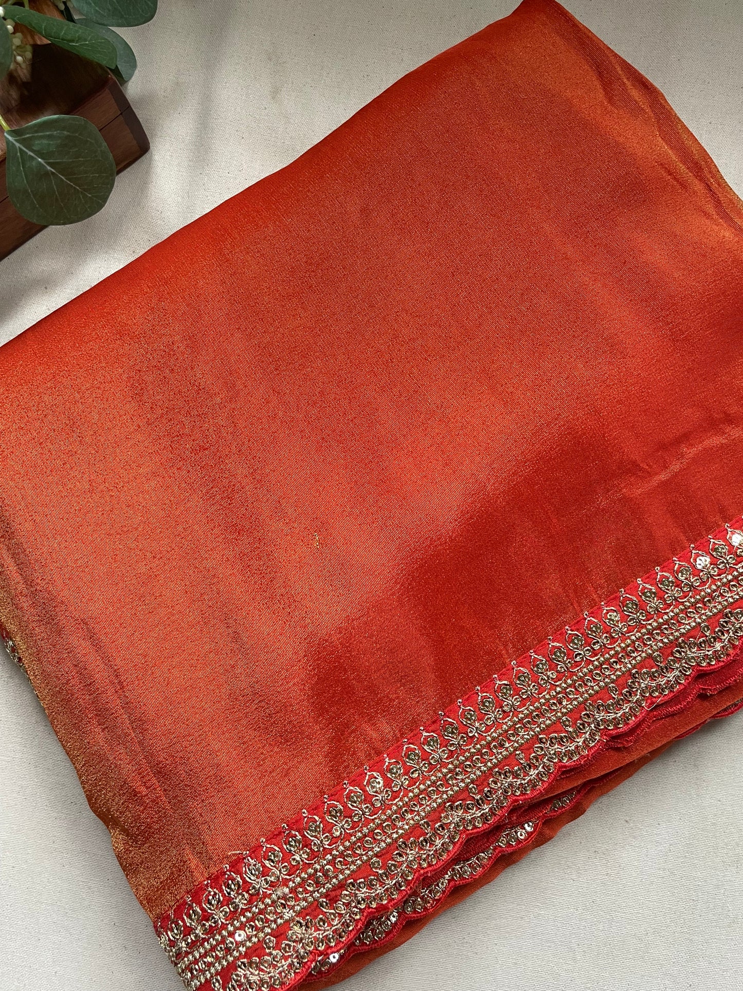 Orange Lace border Tissue Saree