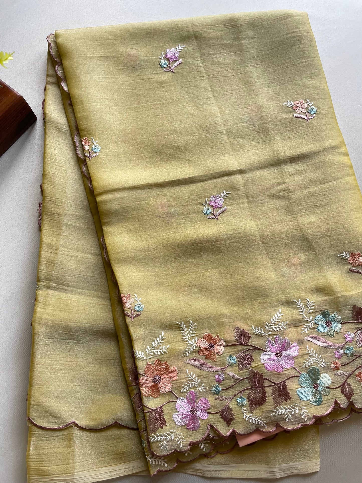 Yellow Floral Embroidered Soft Tissue Saree