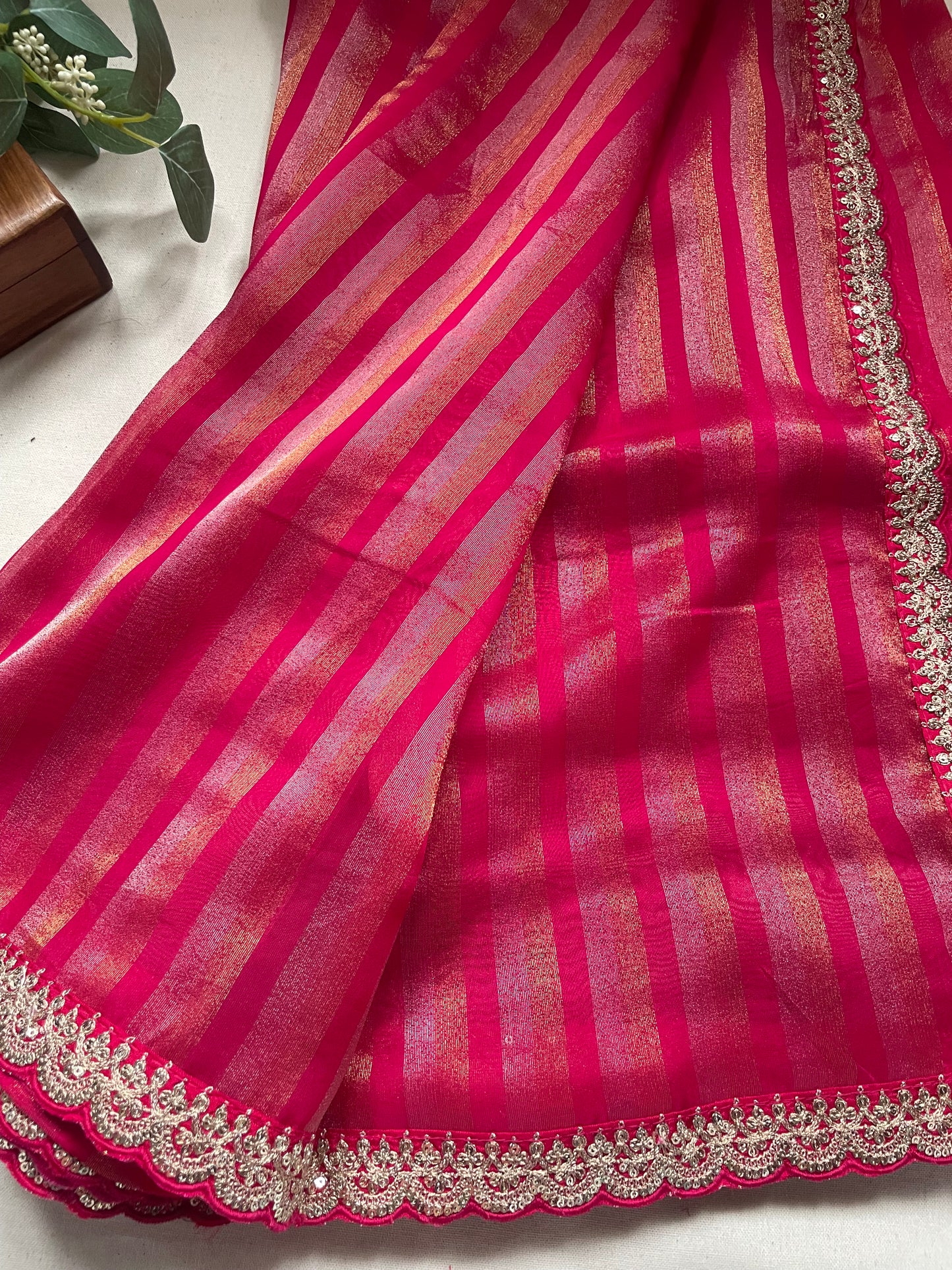 Pink Stripe Lace border Tissue Saree