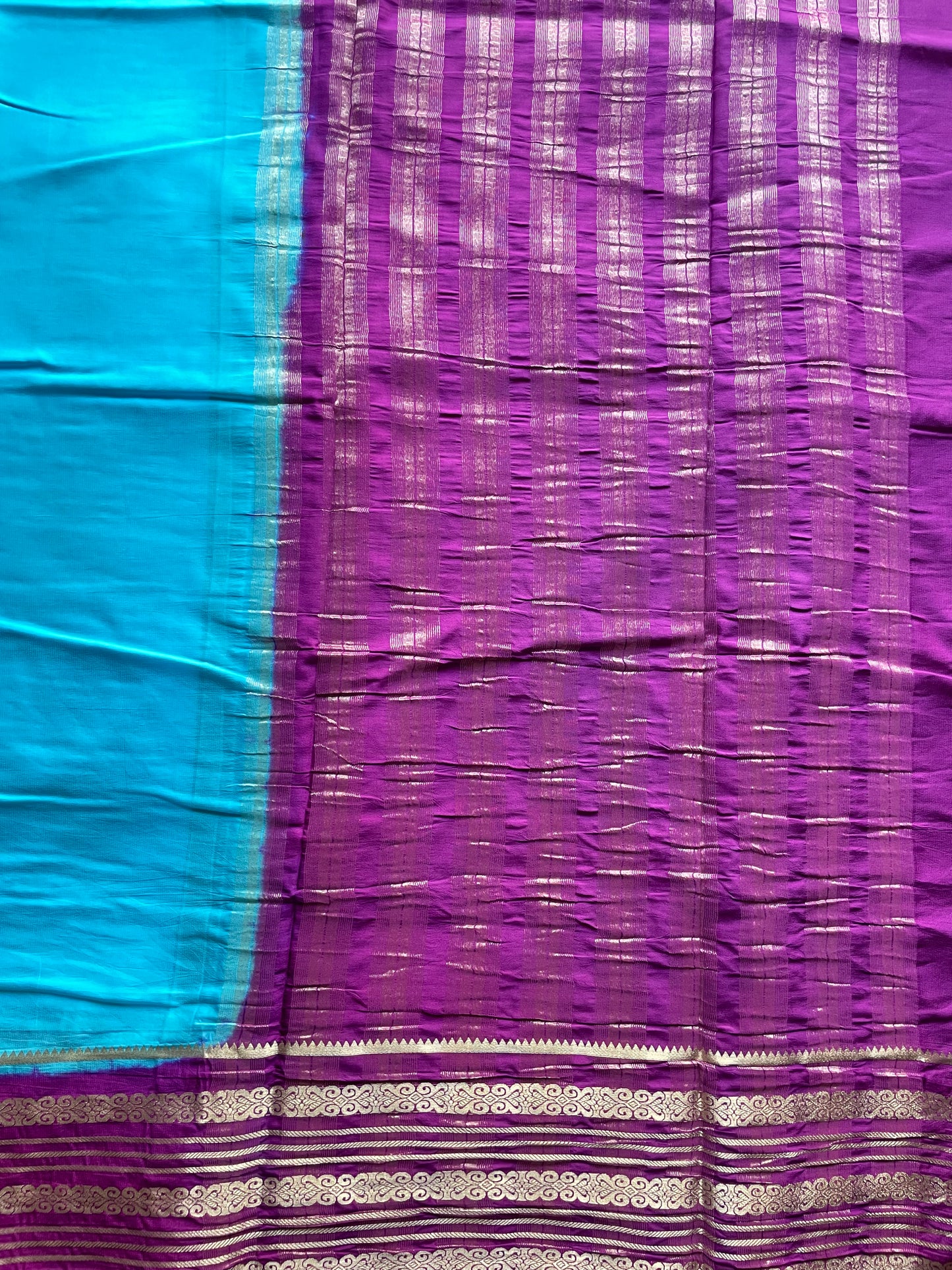 Blue and Wine Semi Mysore Silk Saree
