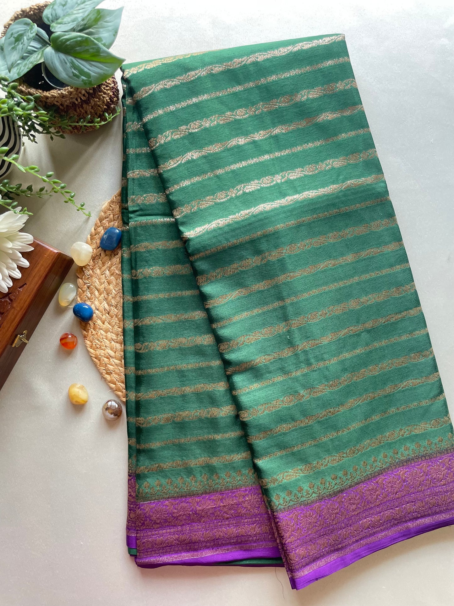 Green n Purple Stripes Banarasi Pure Crepe Georgette Saree