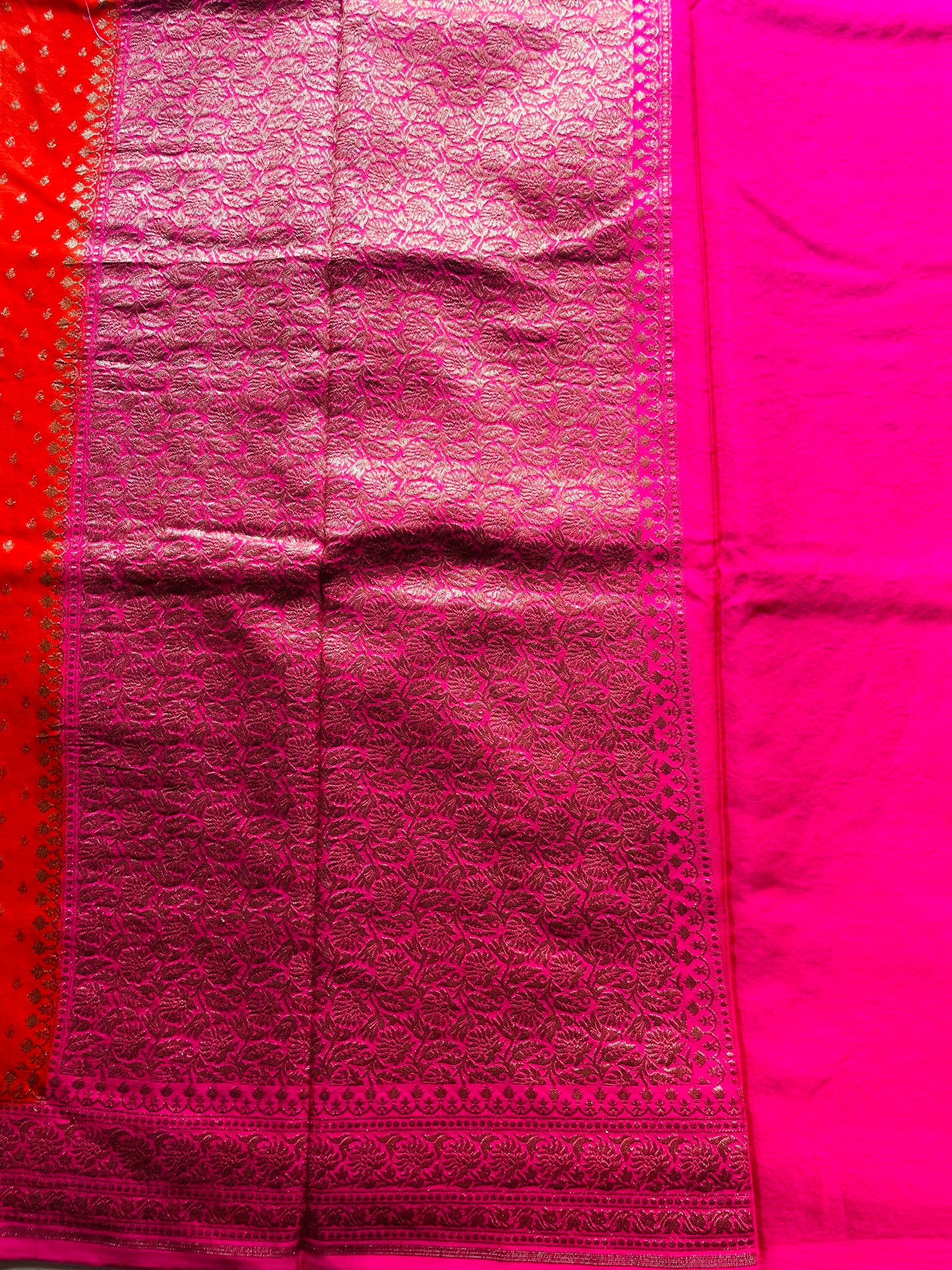 Orange n Pink Banarasi Pure Crepe Georgette Saree
