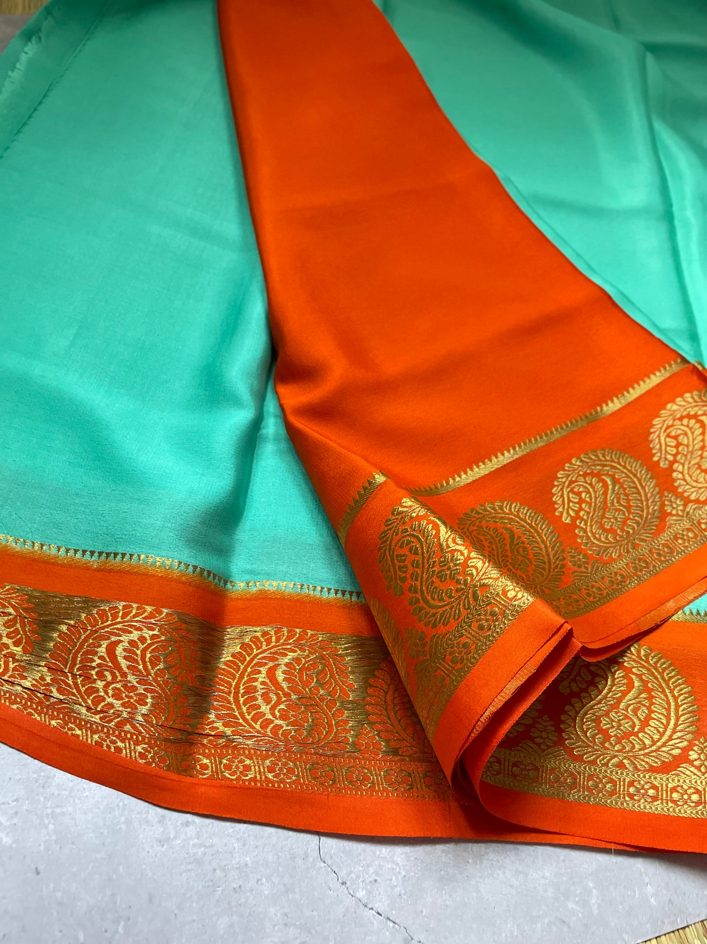 Sea Green N Orange Big Mango Pure Mysore Crepe Silk Saree