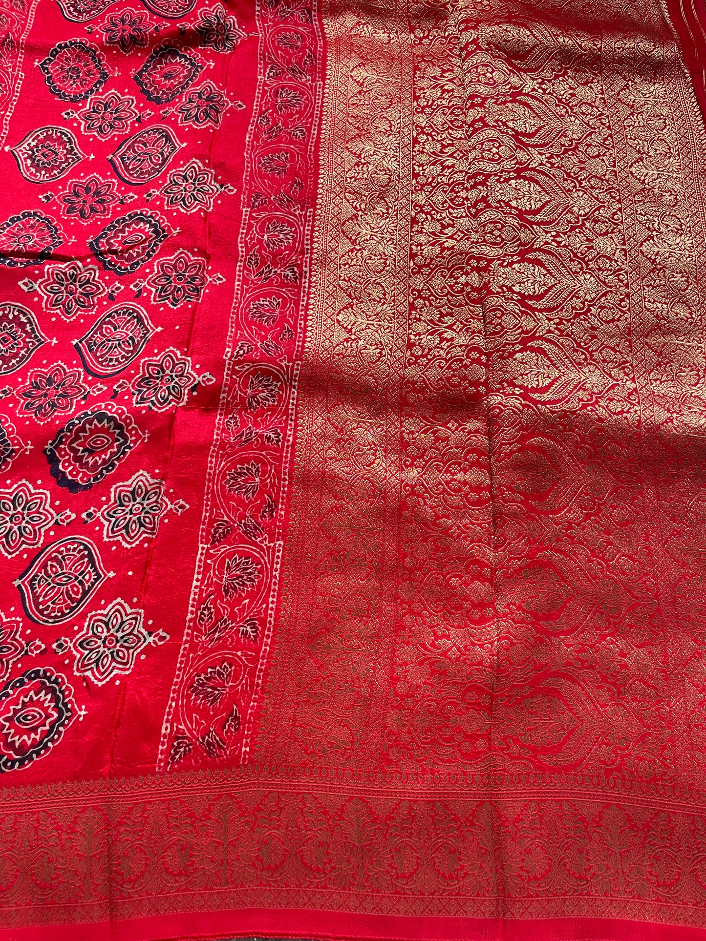 Red Ajrakh Dola Silk Saree