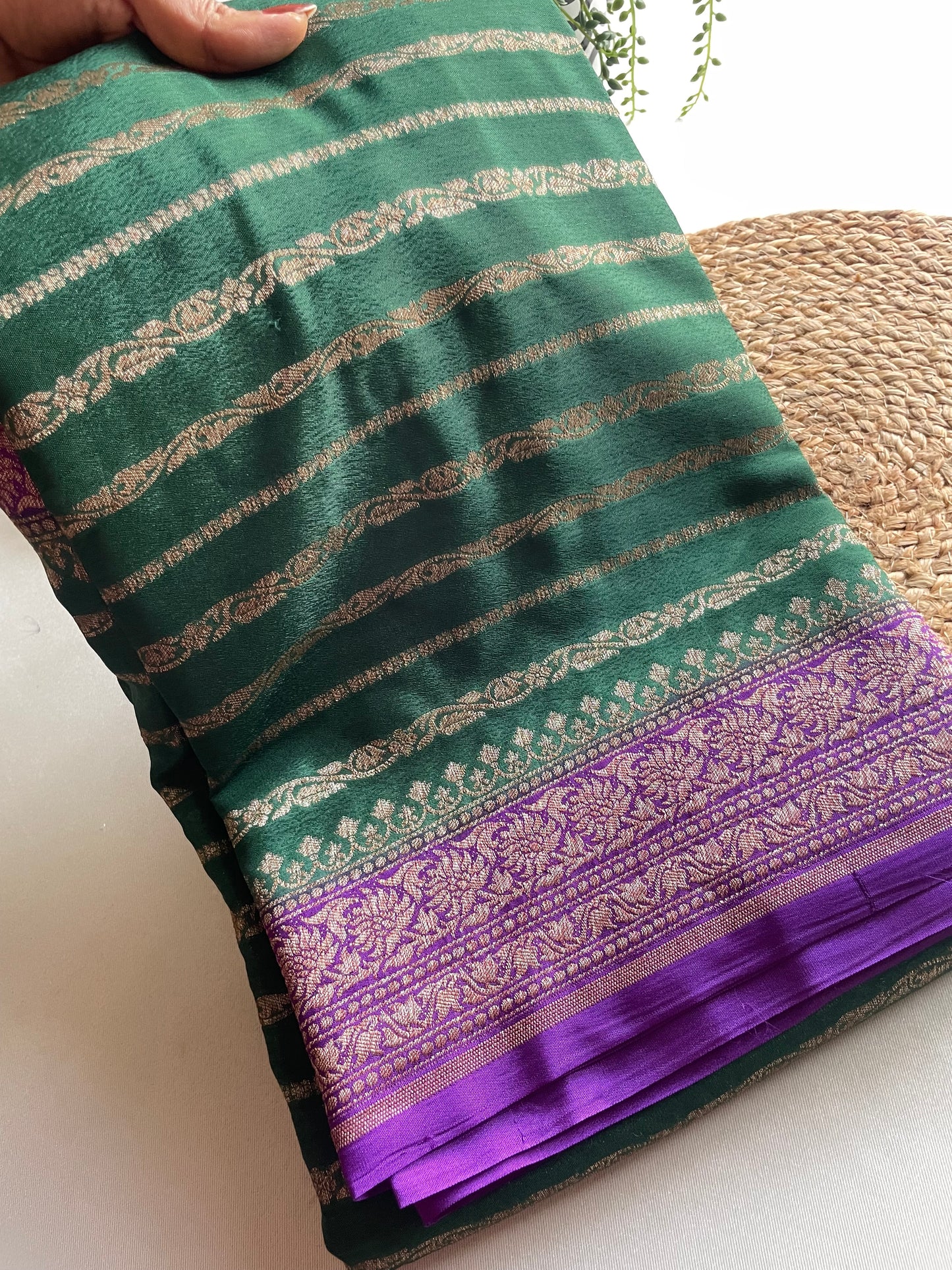 Green n Purple Stripes Banarasi Pure Crepe Georgette Saree