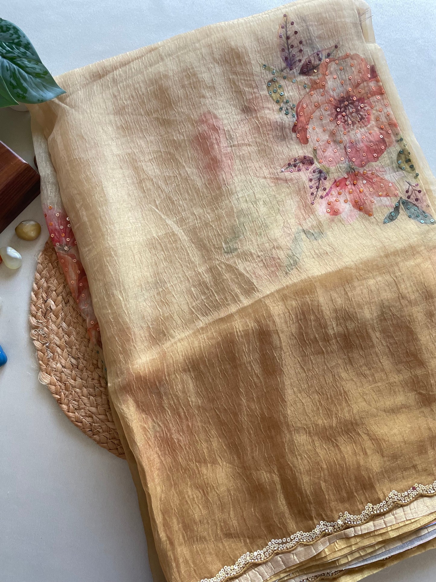 Yellow Scallop Embroidered Crushed Tissue Saree